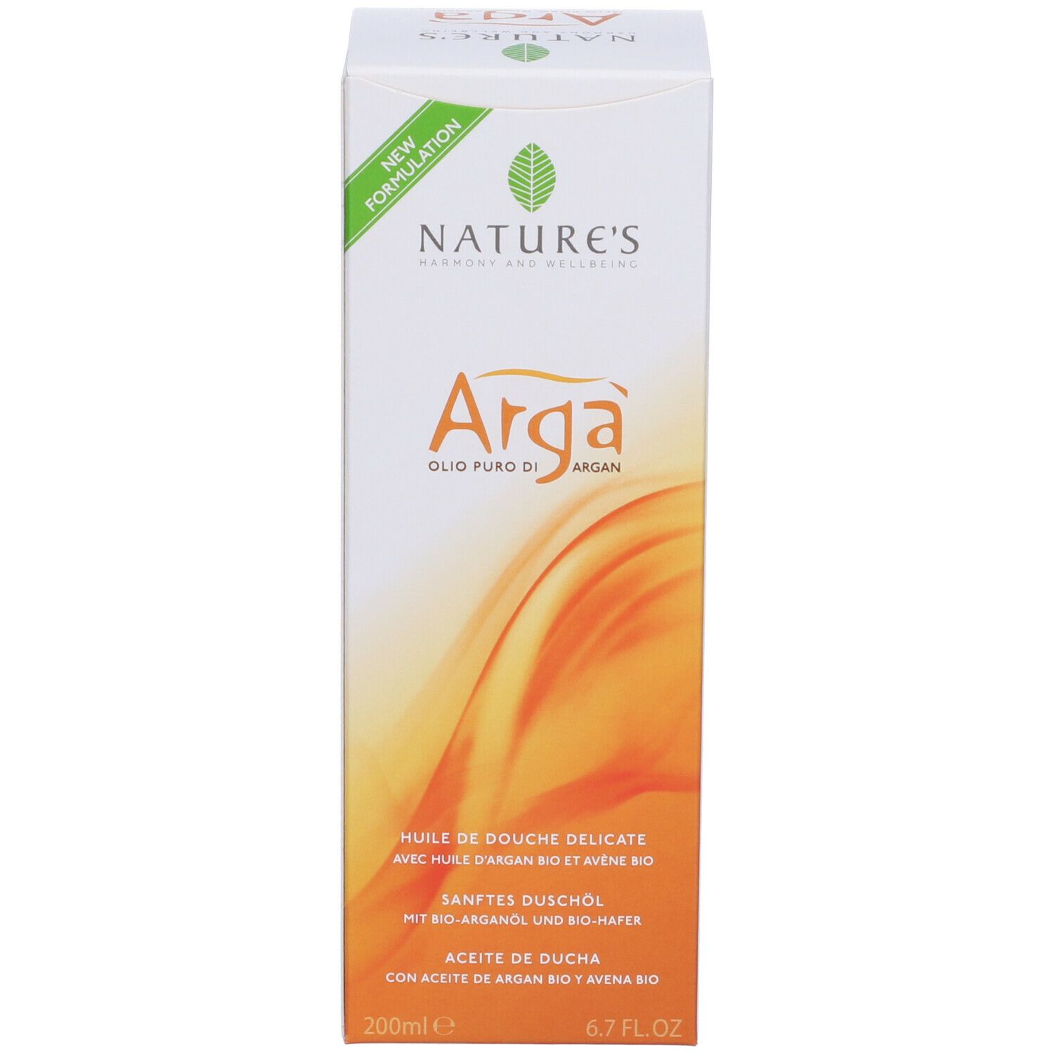 Confezione del prodotto. Scritta: NATURE'S, Argà, Olio-doccia Delicato. Con olio di argan e avena. 200ml, 6.7 FL.OZ.