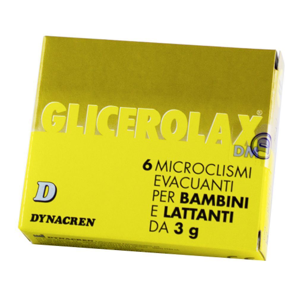 Scatola gialla con nome del prodotto e testo. Contiene 6 microclismi per bambini e lattanti. Marchio Dynacren.