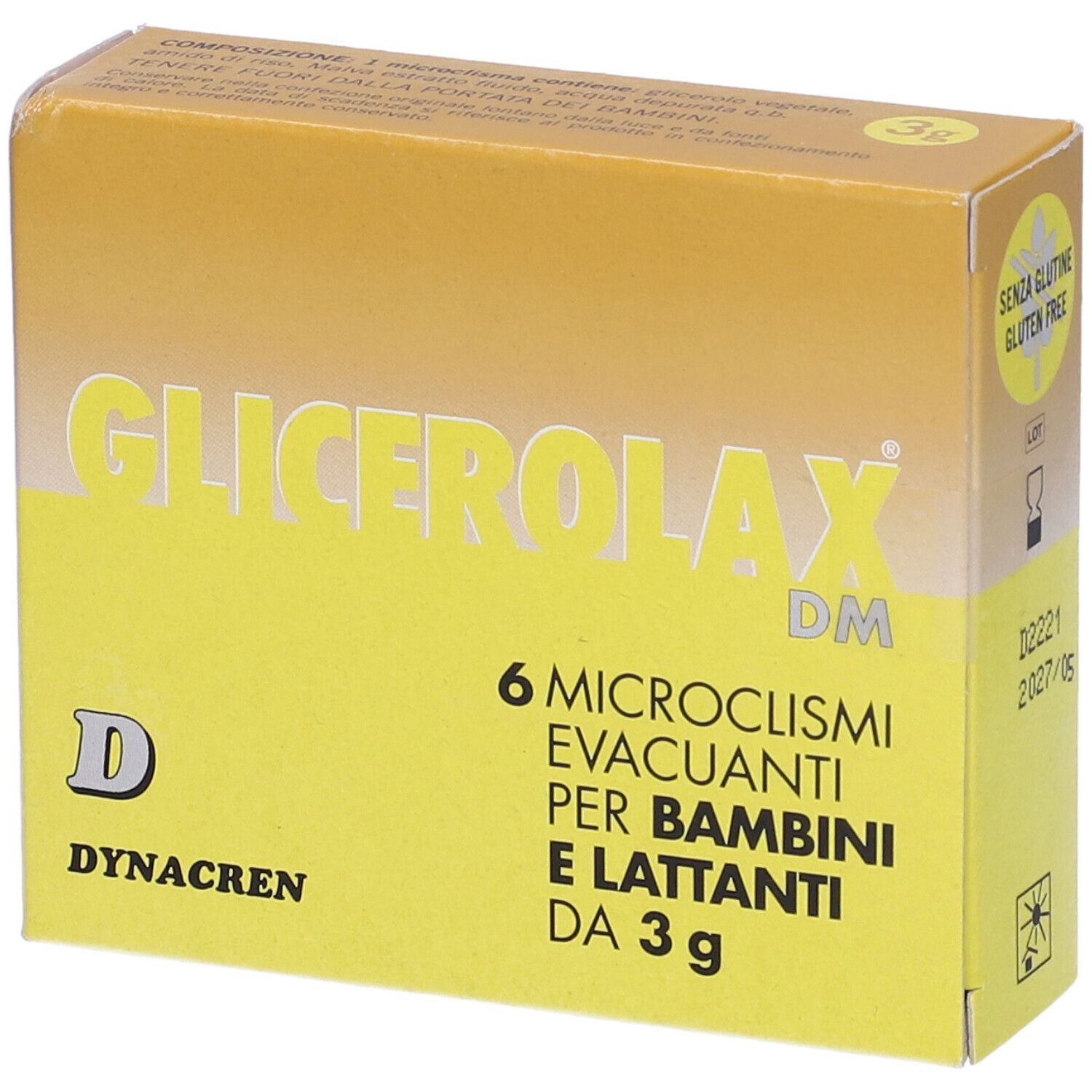 Scatola gialla con nome del prodotto e testo. Contiene 6 microclismi. Senza glutine. Marchio Dynacren.