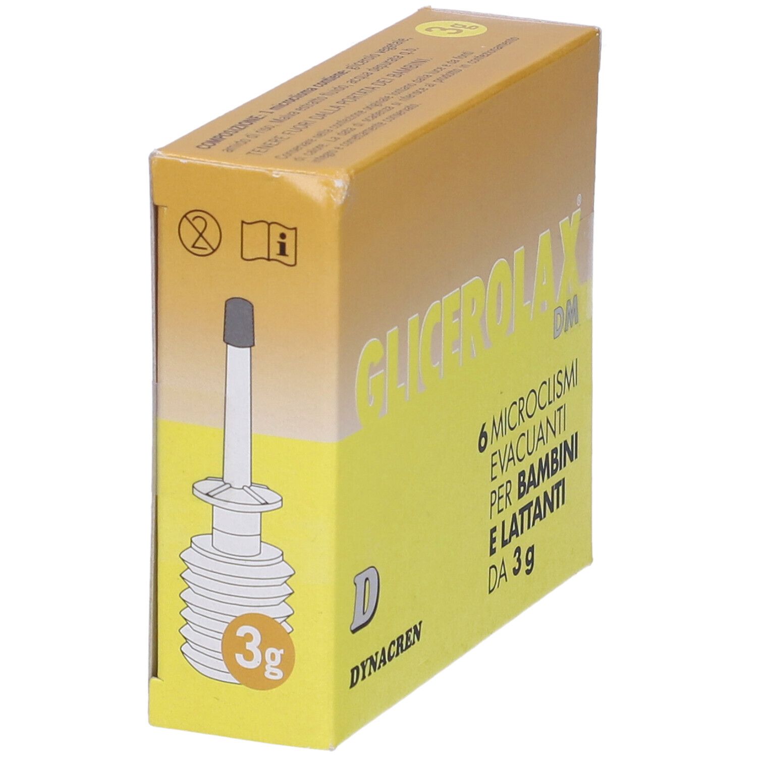 Scatola gialla con nome del prodotto e testo. Contiene 6 microclismi. Prodotto con applicatore. Marchio Dynacren.