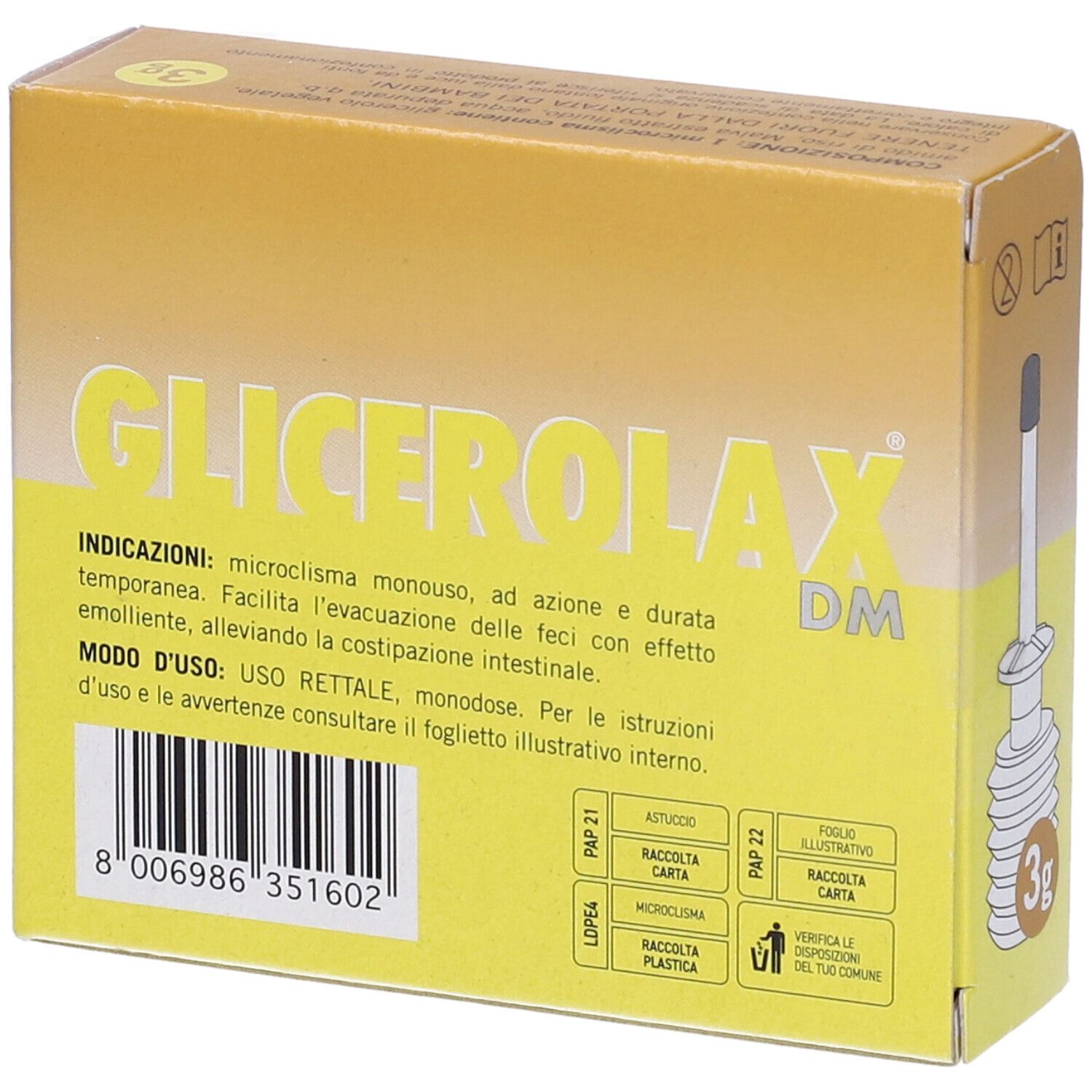 Scatola gialla con nome del prodotto e testo. Retro con informazioni e applicatore. Marchio Dynacren.