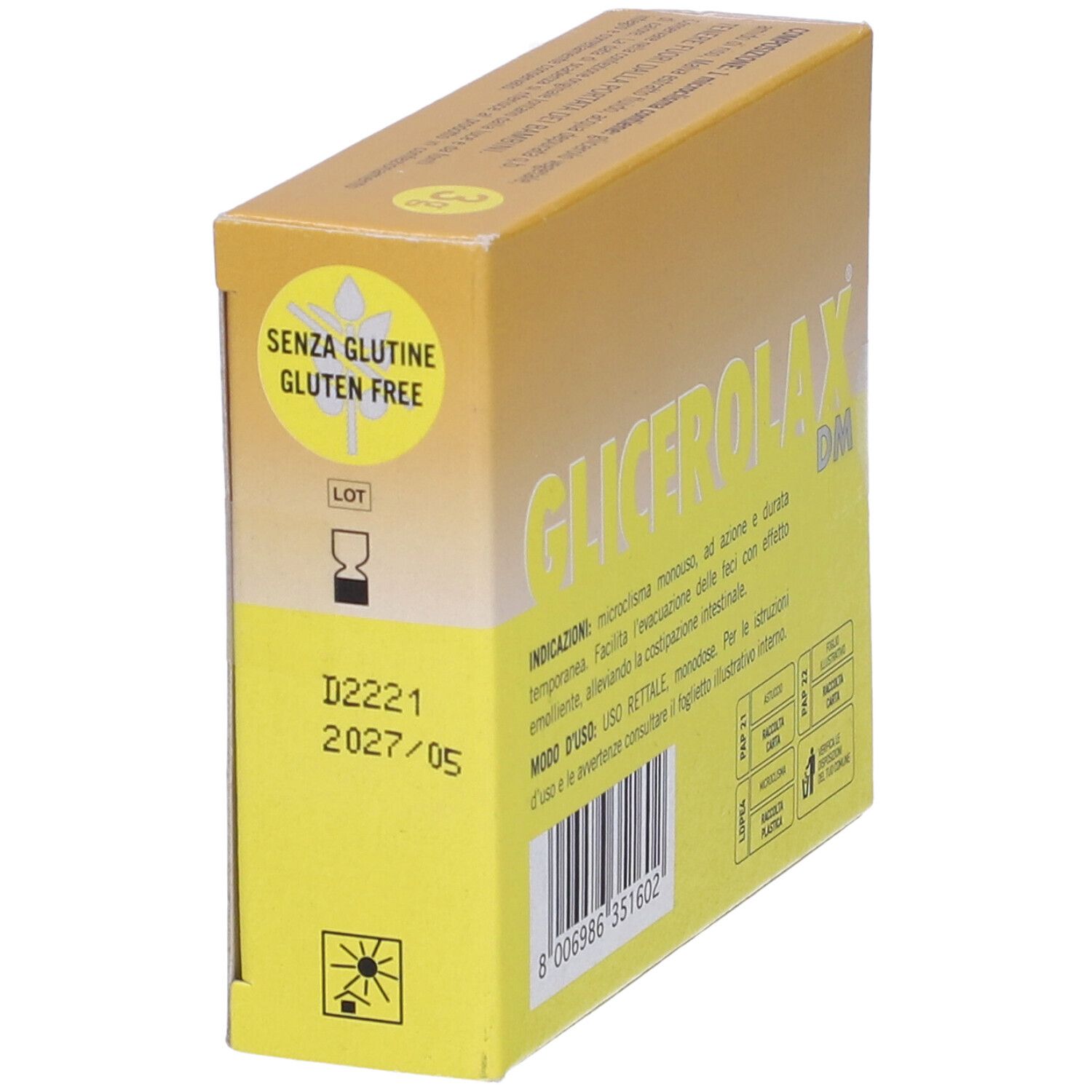 Scatola gialla con nome del prodotto e testo. Senza glutine. Retro con informazioni. Marchio Dynacren.