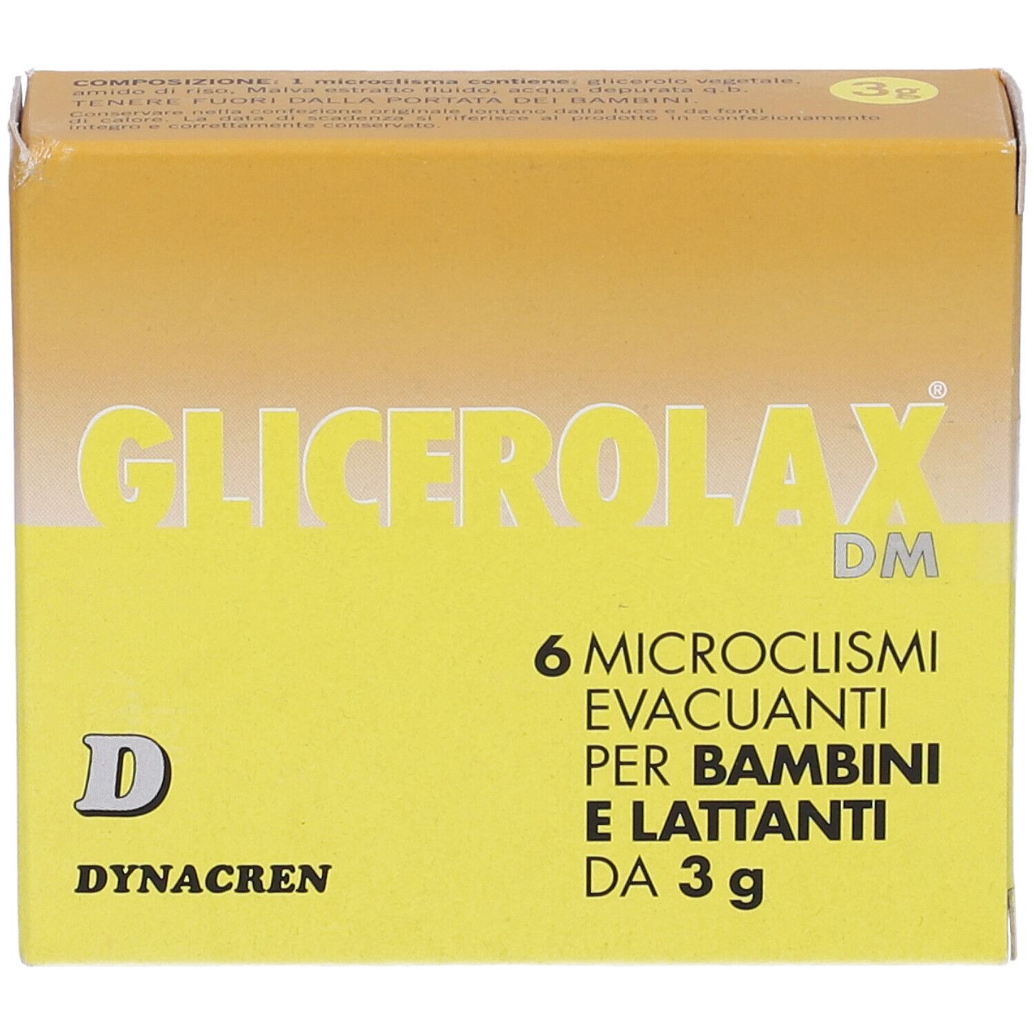 Scatola gialla con nome del prodotto e testo. Contiene 6 microclismi per bambini e lattanti. Marchio Dynacren.