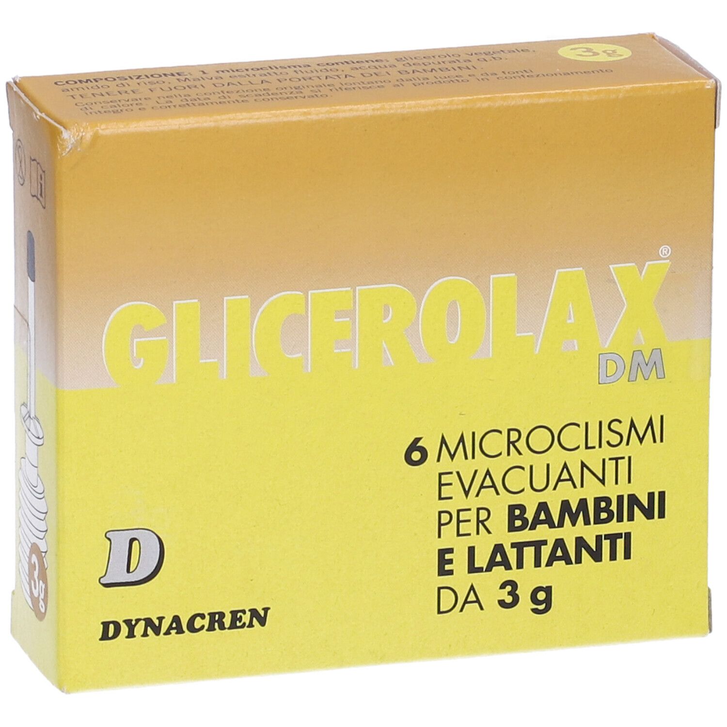 Scatola gialla con nome del prodotto e testo. Contiene 6 microclismi per bambini e lattanti. Marchio Dynacren.