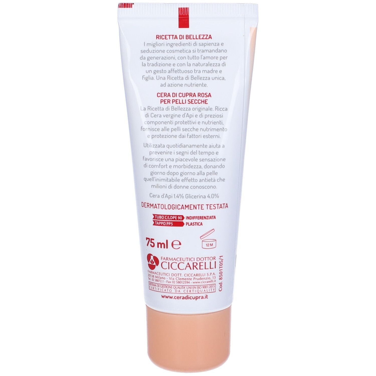 Cera di Cupra Creme Rosa Tube. Rosa für trockene Haut. Mit Bienenwachs. Dermatologisch getestet. 75 ml. Rückseite mit Text.