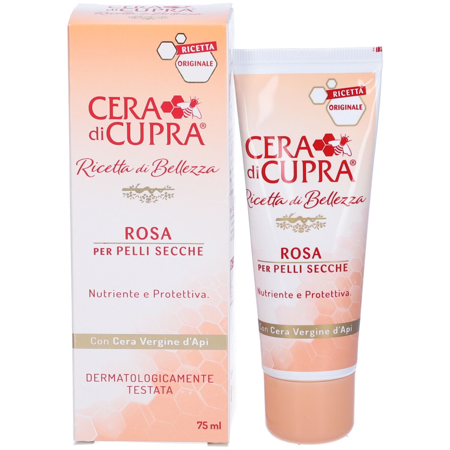 Cera di Cupra Creme Rosa, Tube und Schachtel. Rosa für trockene Haut. Mit Bienenwachs. Dermatologisch getestet. 75 ml.