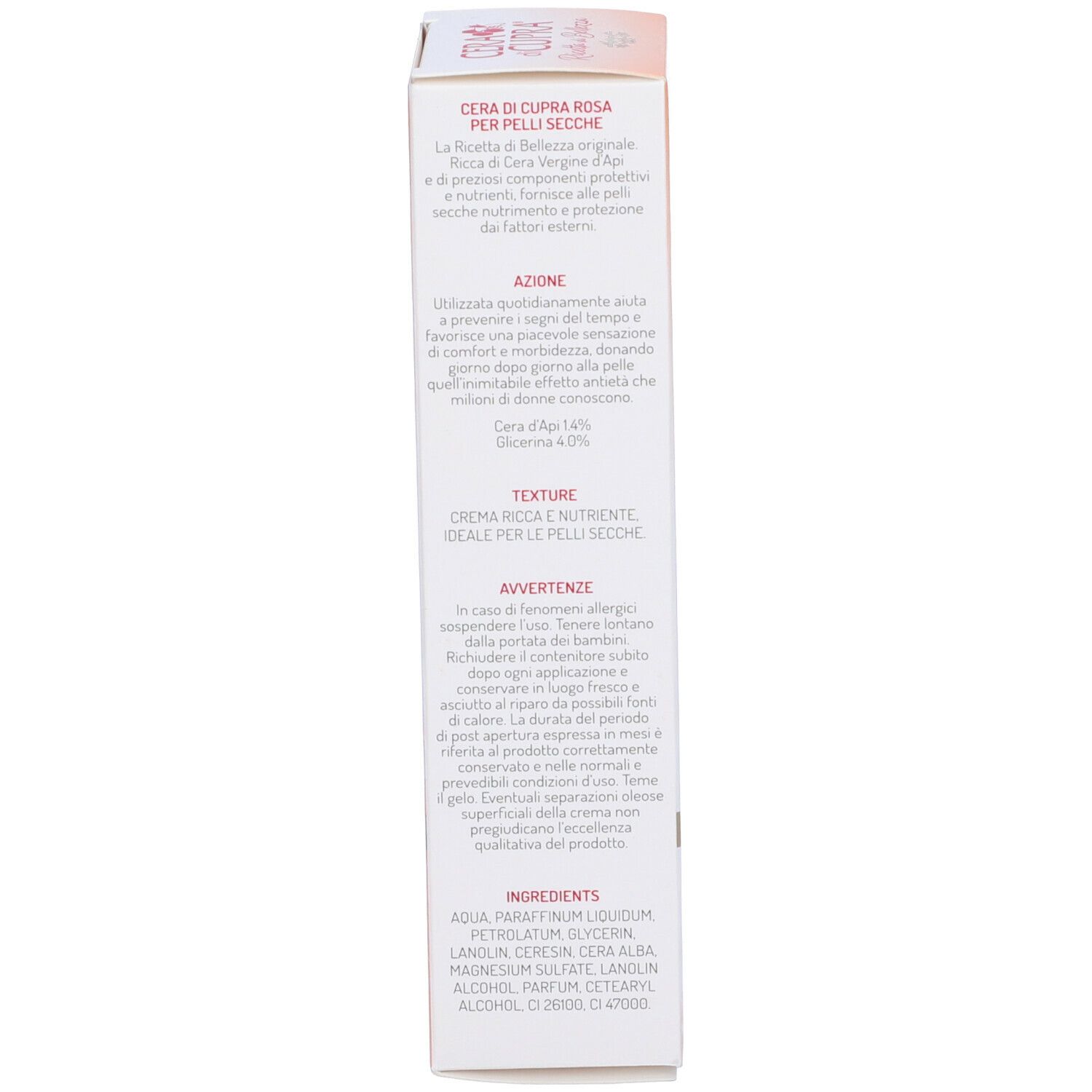 Cera di Cupra Schachtel. Rückseite mit Text. Rosa für trockene Haut. Inhaltsstoffe, Anwendungshinweise, Warnhinweise.
