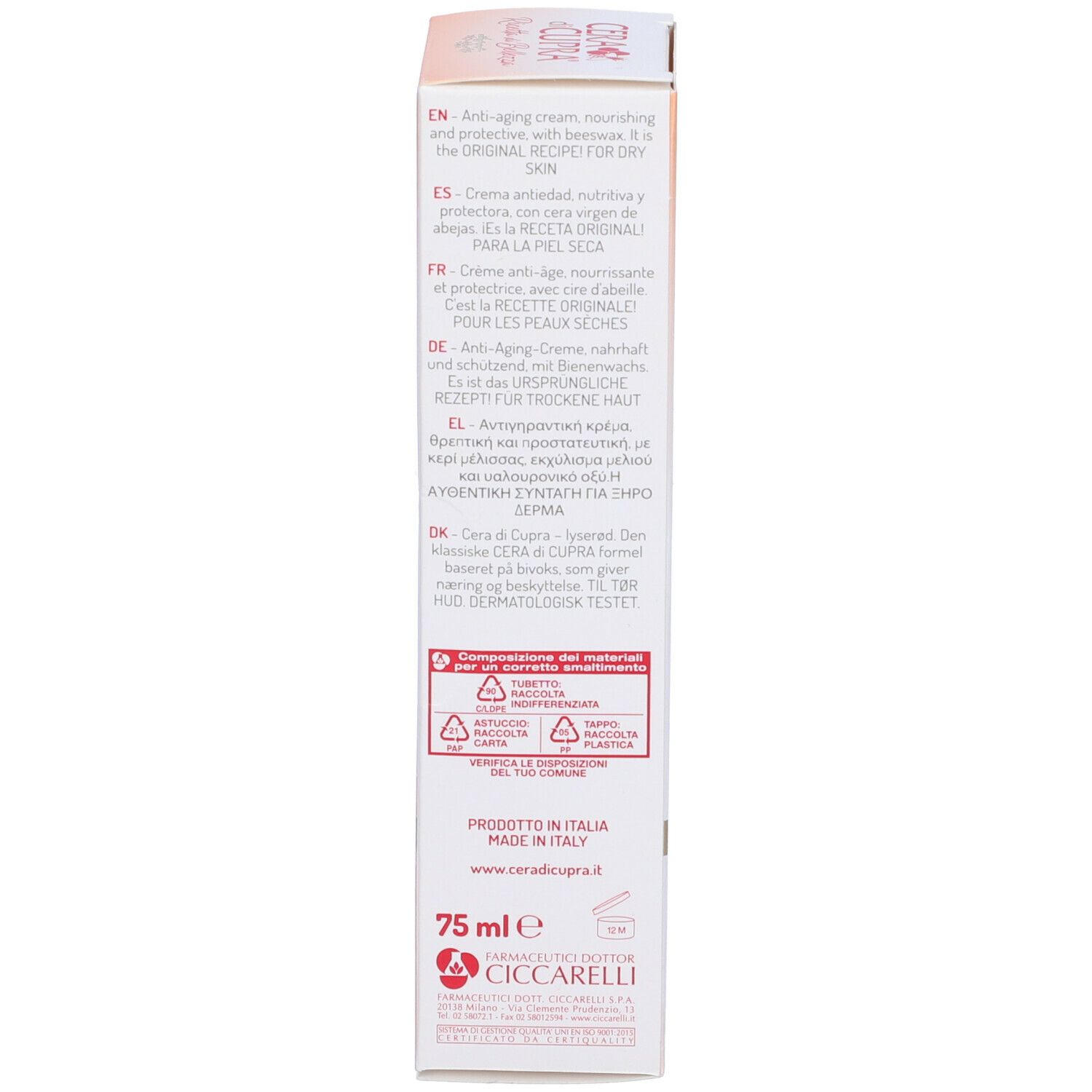 Cera di Cupra Schachtel. Rückseite mit Text. Rosa für trockene Haut. Inhaltsstoffe, Anwendungshinweise, Warnhinweise.