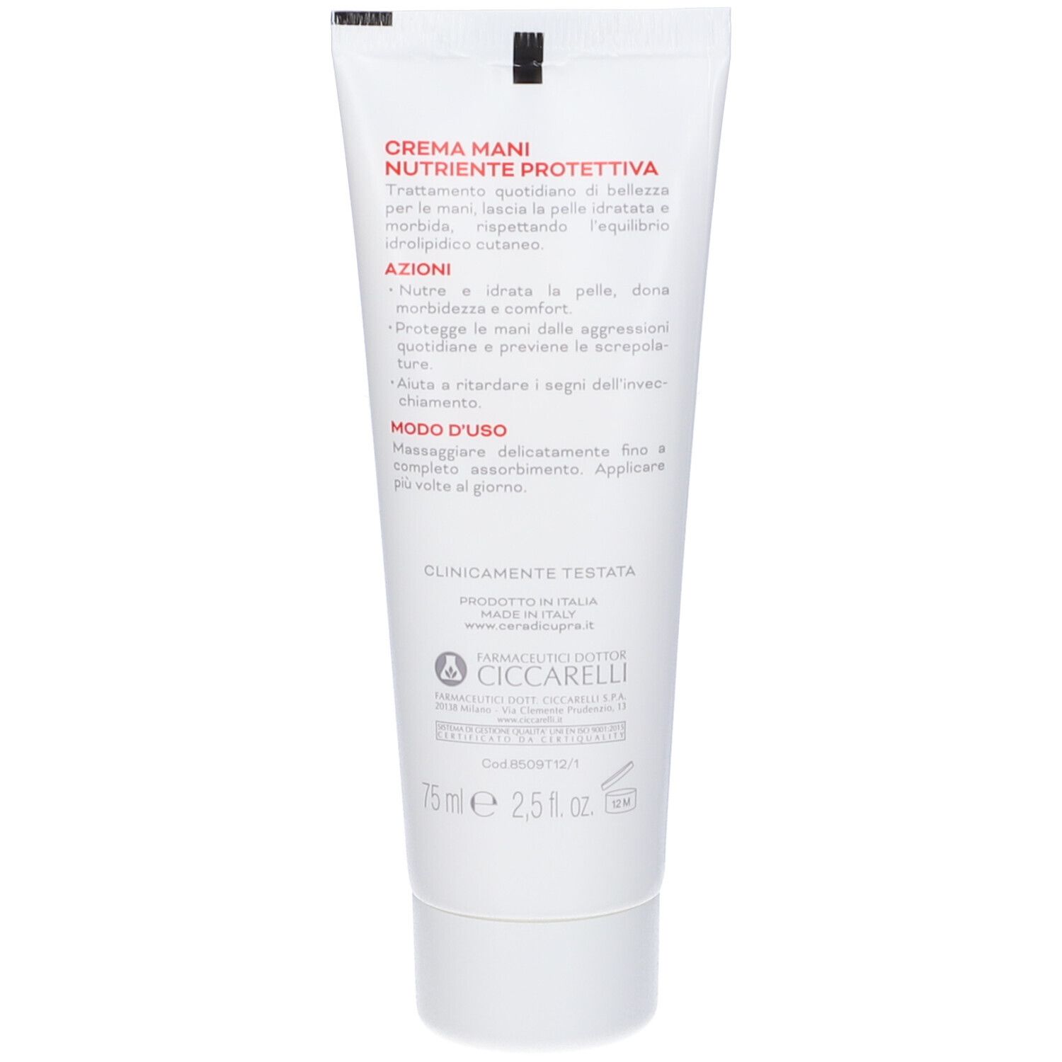 Rückseite der Handcreme-Tube. Text in roter Schrift. Klinisch getestet. Herstellerinformationen. Volumen: 75 ml.