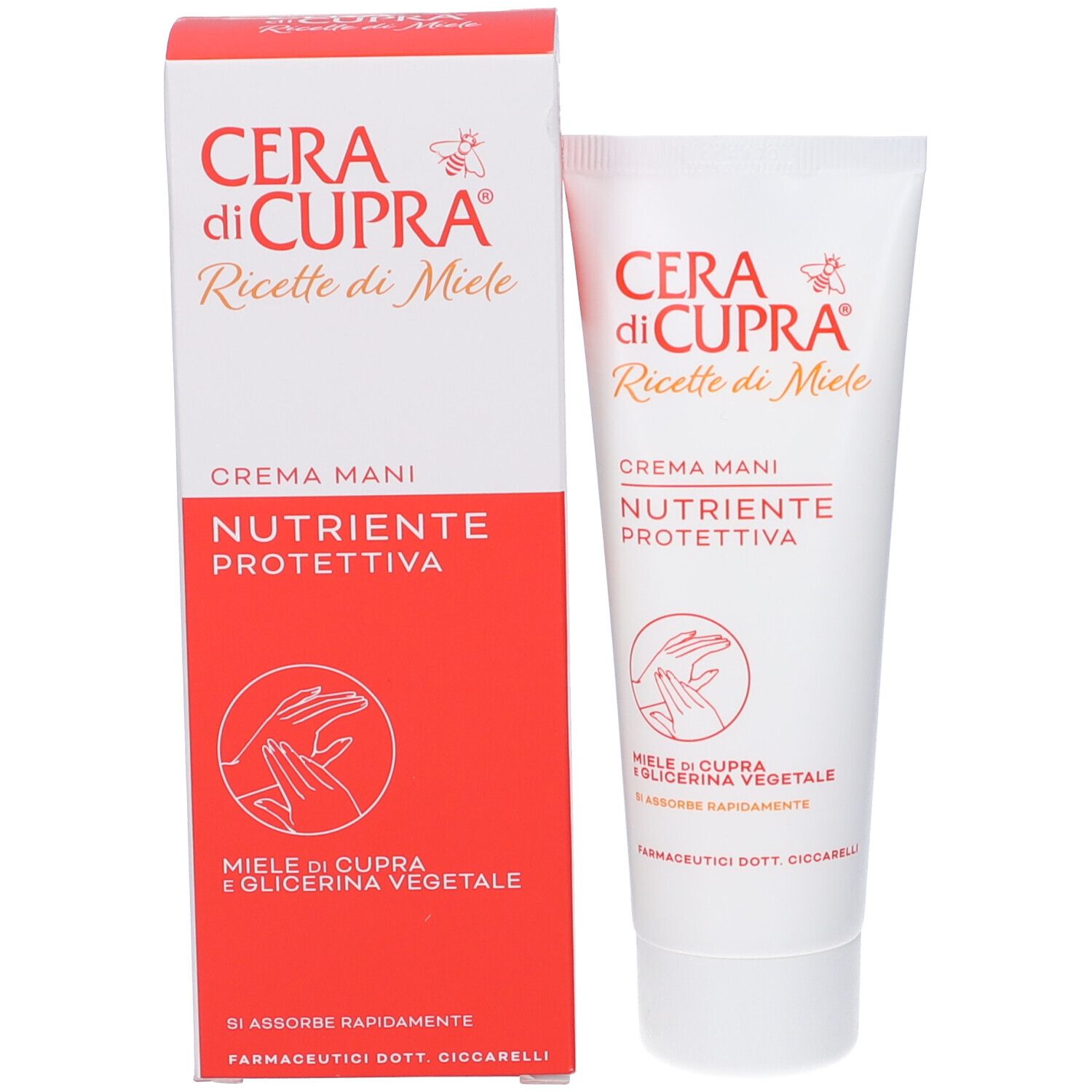 Handcreme-Tube und Schachtel. Beide mit roter Schrift. Aufschrift: Cera di Cupra, Ricette di Miele, Crema Mani, Nutriente Protettiva. Abbildung Hände.