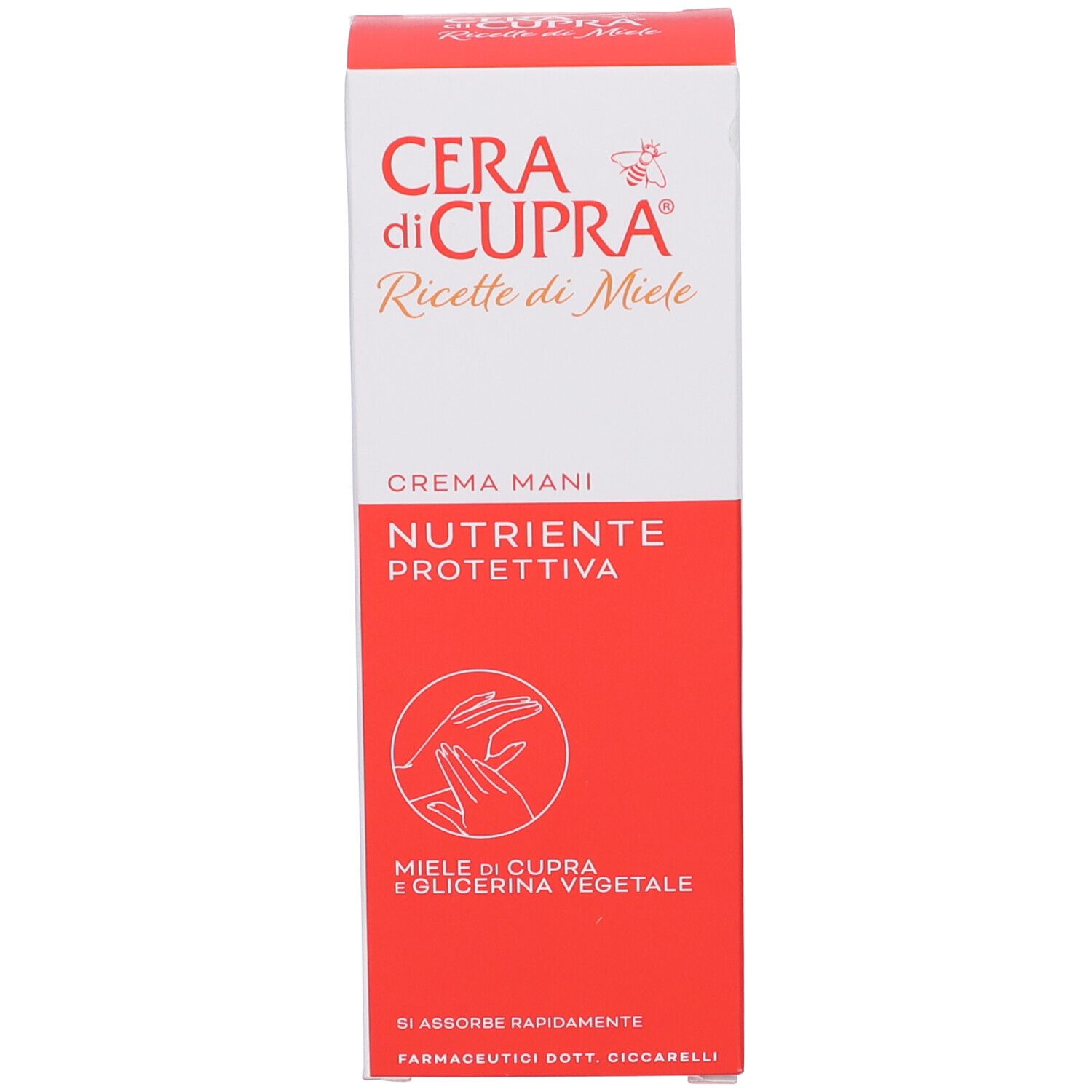 Rote Schachtel mit weißer Schrift. Aufschrift: Cera di Cupra, Ricette di Miele, Crema Mani, Nutriente Protettiva. Abbildung Hände.