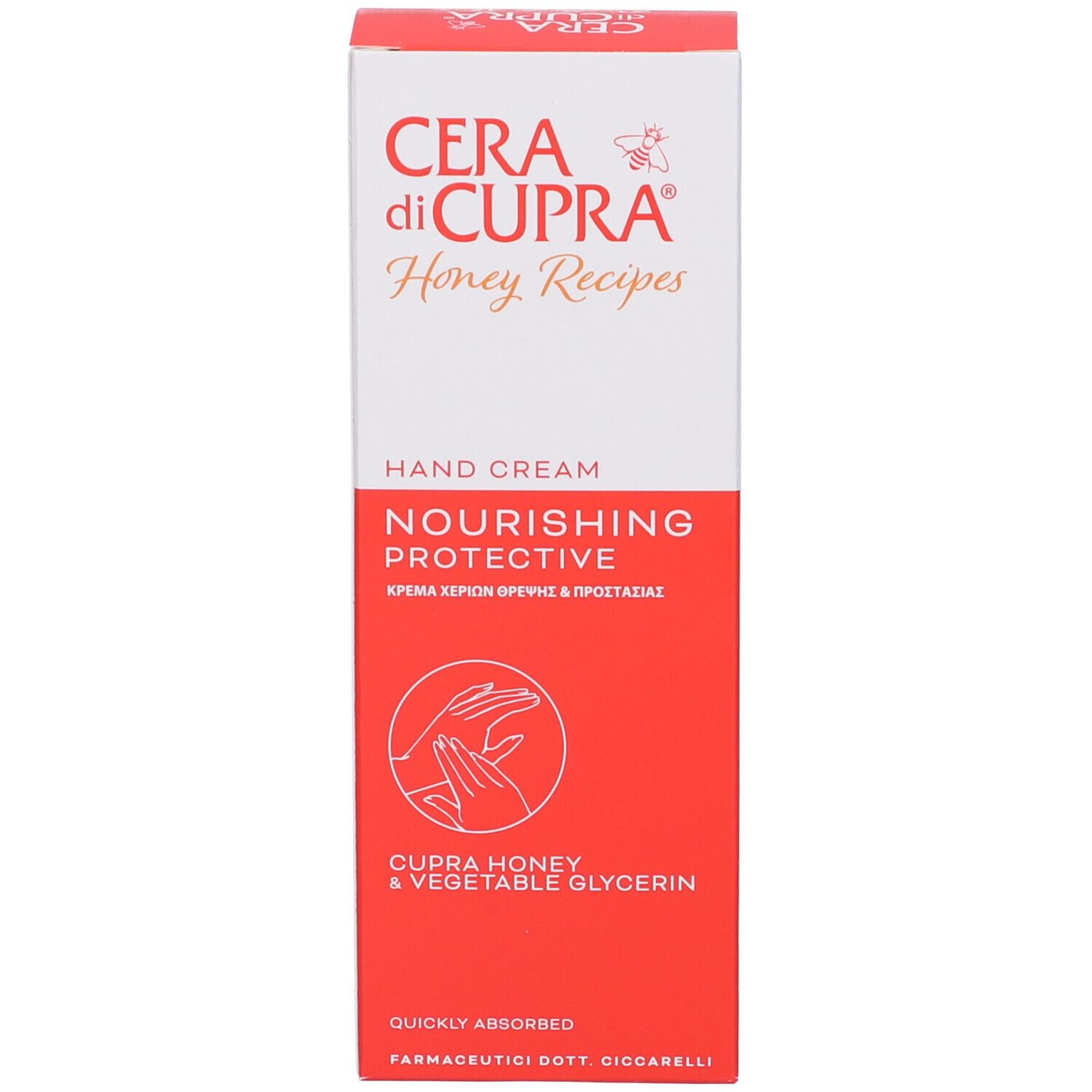Rote Schachtel, Vorderseite. Aufschrift: Cera di Cupra, Honey Recipes, Hand Cream, Nourishing Protective. Abbildung Hände.