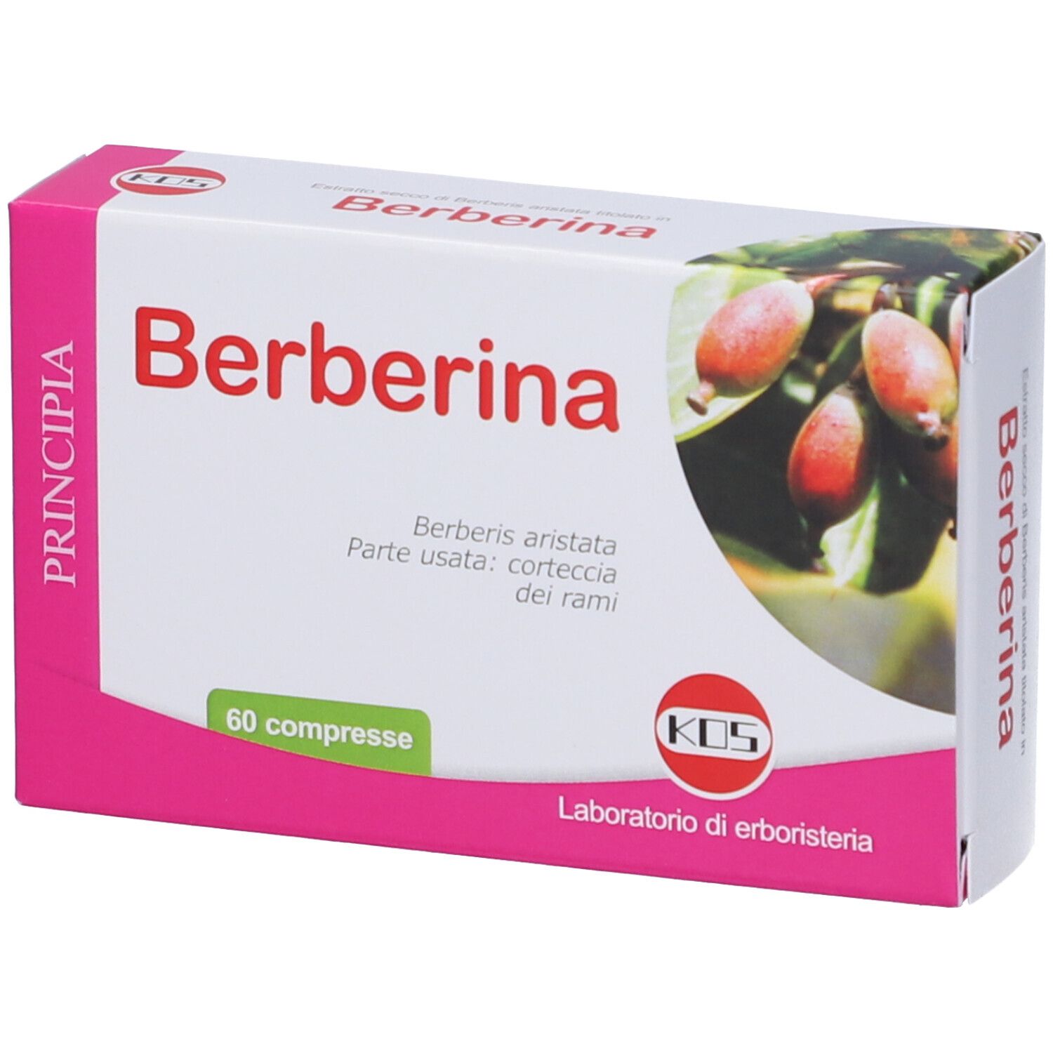 Scatola "Berberina" rosa e bianca. 60 compresse. Logo KOS. Illustrazione di frutti. Testo in italiano.