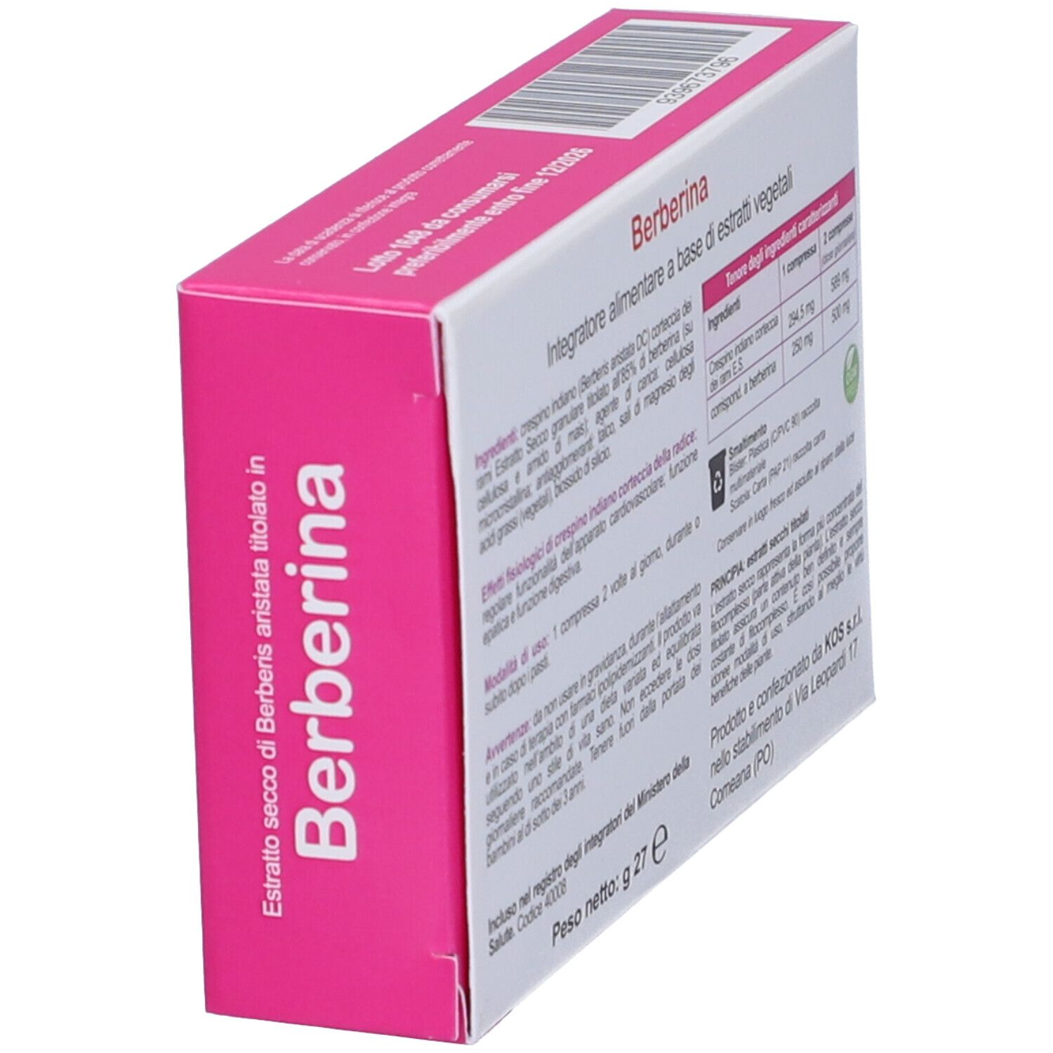 Vista obliqua della confezione "Berberina". Ingredienti e avvertenze. Testo italiano.