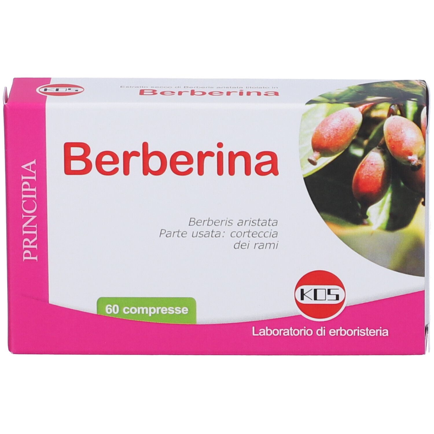 Scatola "Berberina" con 60 compresse. Rosa e bianca. Logo KOS. Illustrazione di frutti. Testo italiano.