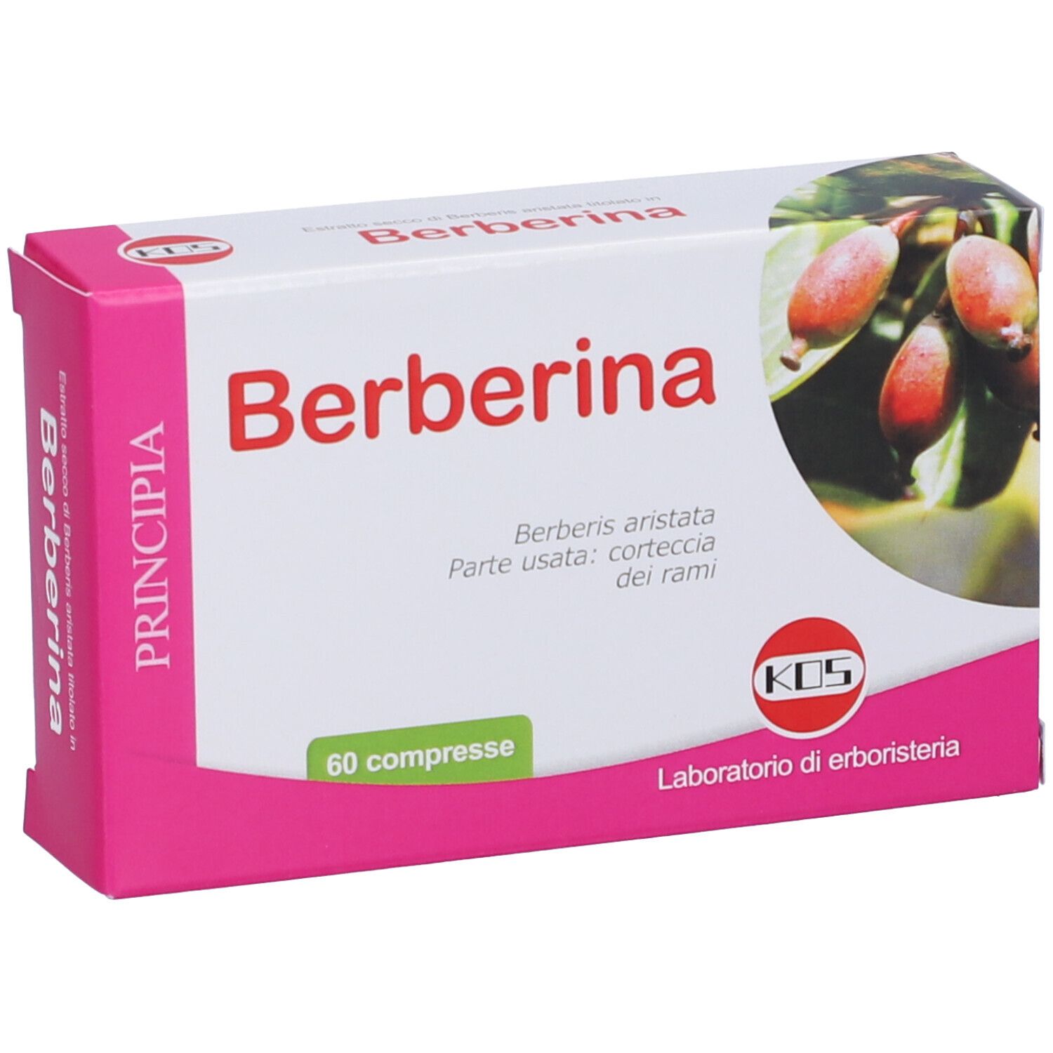 Scatola "Berberina" con 60 compresse. Rosa e bianca. Logo KOS. Illustrazione di frutti. Testo italiano.