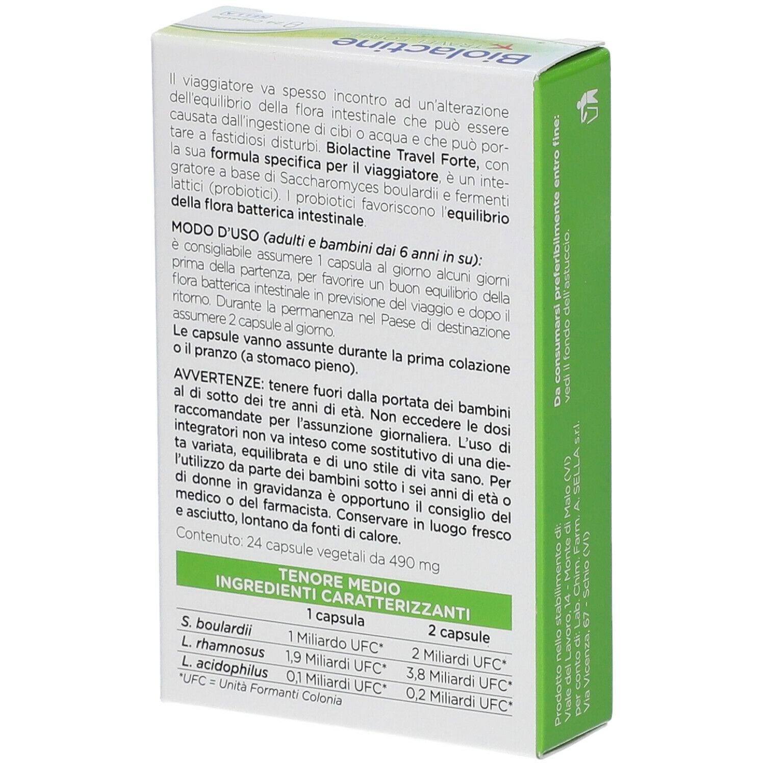 Retro della confezione Biolactine Travel Forte. Testo sull'uso e sugli ingredienti. Contiene 24 capsule.