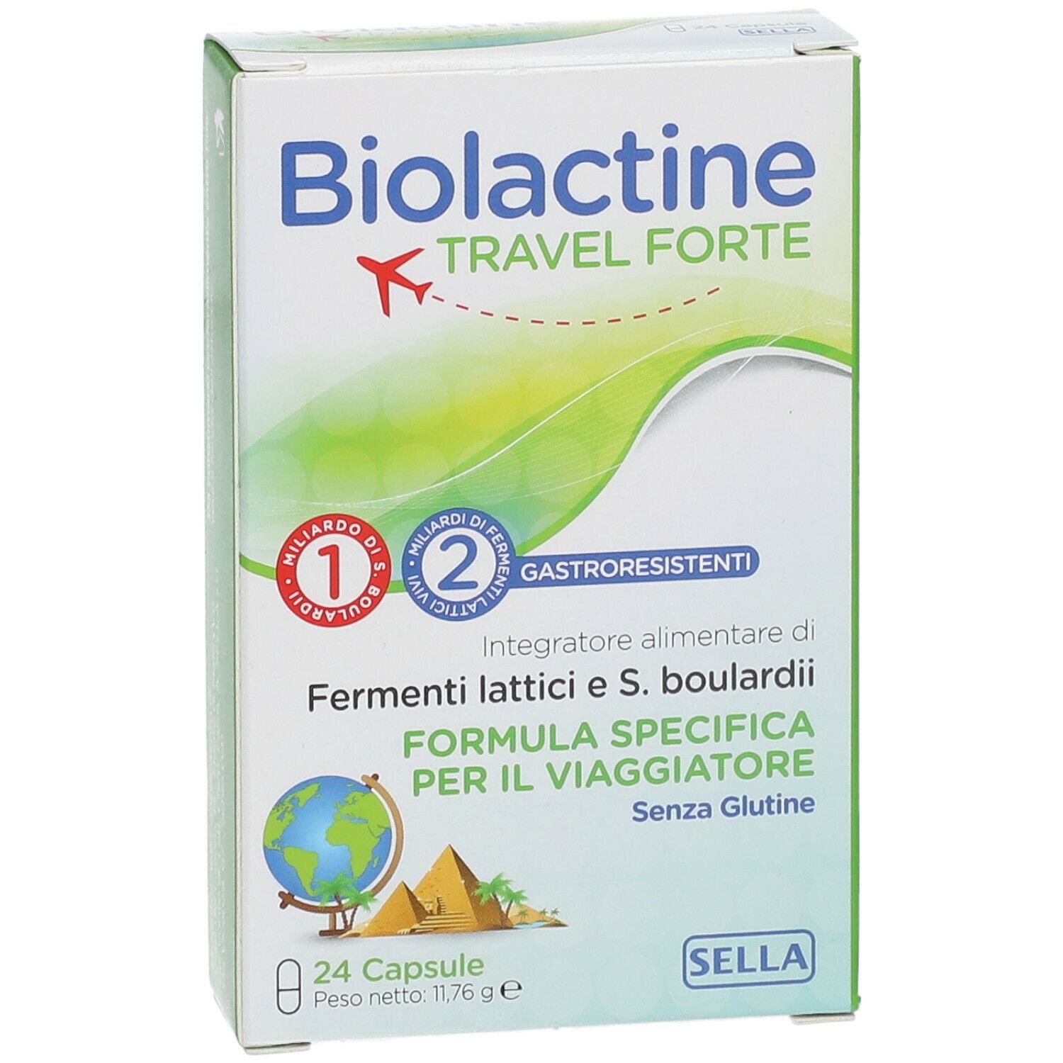 Confezione di Biolactine Travel Forte. Contiene 24 capsule. Scritta: 'Fermenti lattici e S. boulardii'.