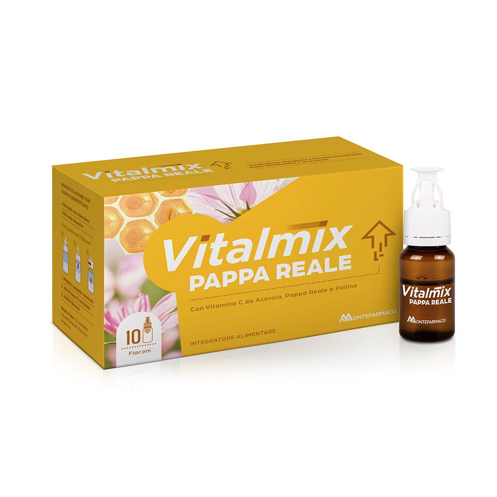 Scatola gialla con logo "Vitalmix Pappa Reale" e flaconi. Contiene 10 flaconi. Accanto, un flacone con applicatore.