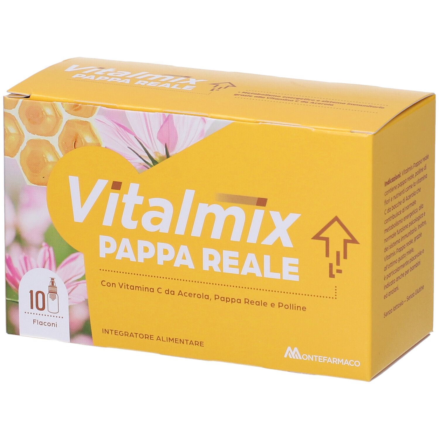 Scatola gialla con logo "Vitalmix Pappa Reale". Scritto: 10 flaconi. Contiene Vitamina C, Acerola, Pappa Reale e Polline.