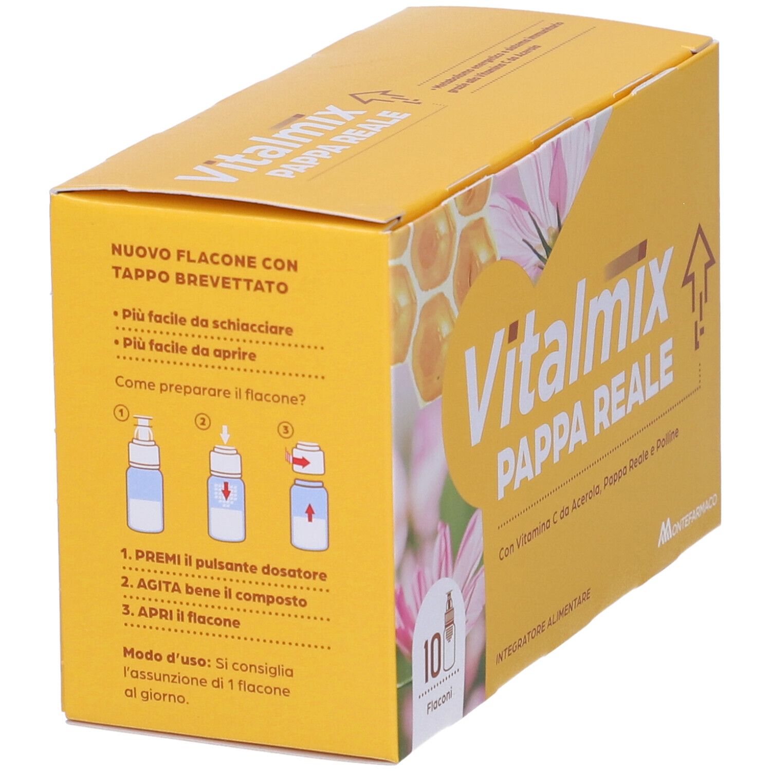 Scatola gialla con logo "Vitalmix Pappa Reale". Retro con istruzioni per l'uso del flacone. 10 flaconi.