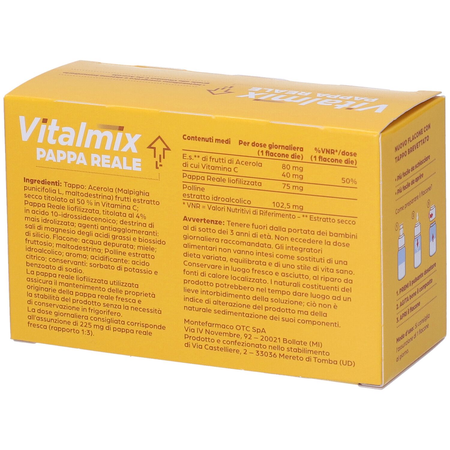 Scatola gialla con logo "Vitalmix Pappa Reale". Retro con informazioni nutrizionali e ingredienti. 10 flaconi.