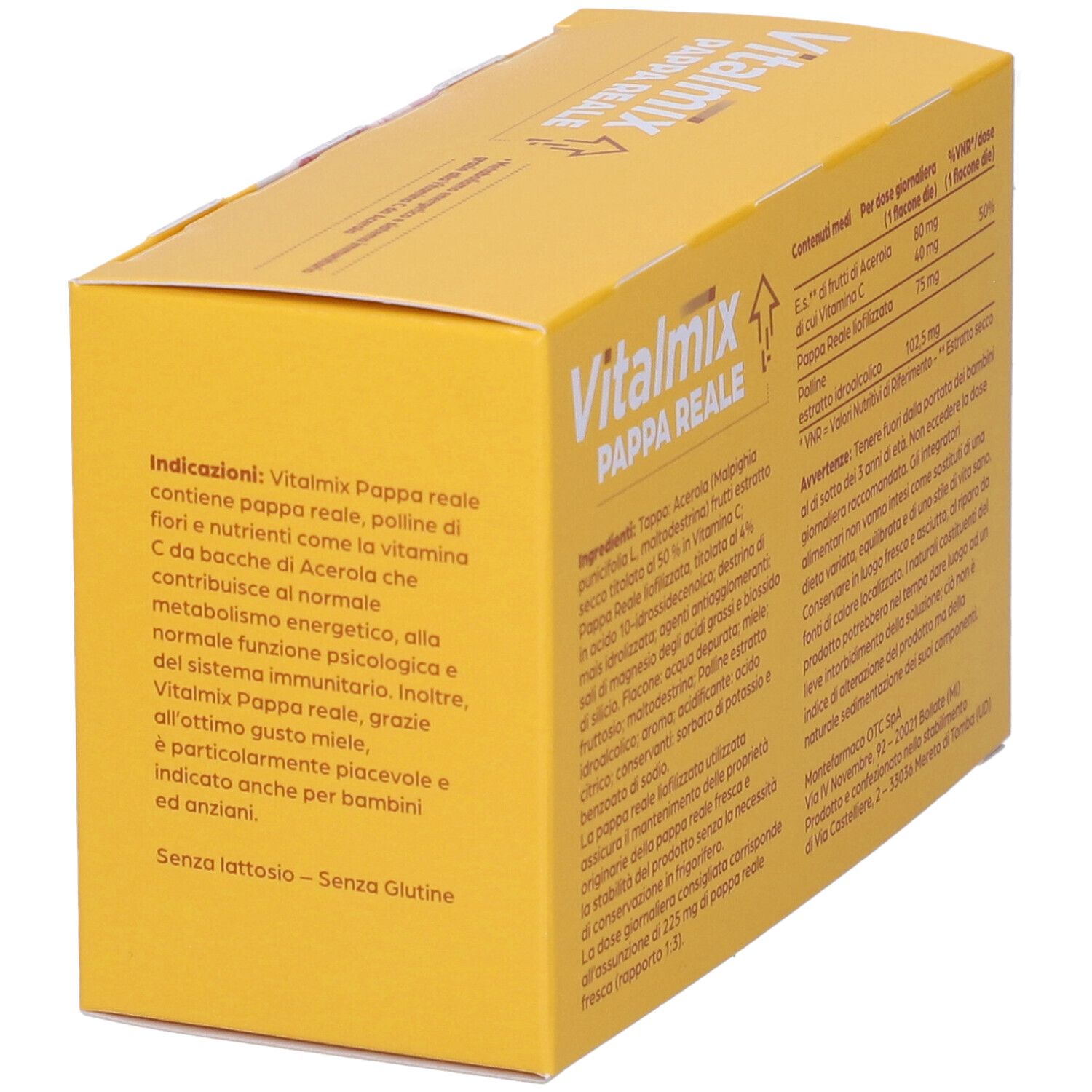 Scatola gialla con logo "Vitalmix Pappa Reale". Retro con informazioni sul prodotto. 10 flaconi.