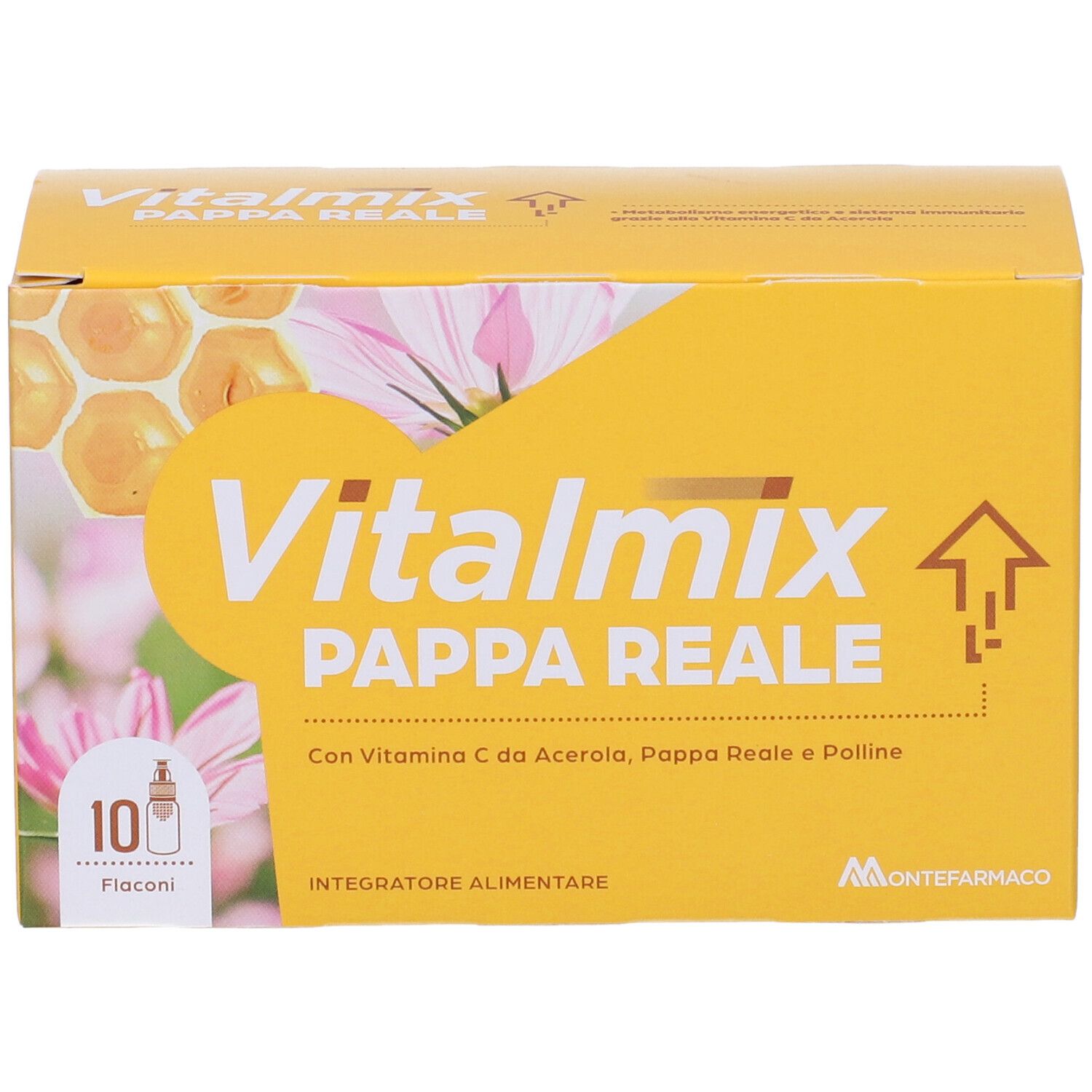 Scatola gialla con logo "Vitalmix Pappa Reale". Scritto: 10 flaconi. Contiene Vitamina C, Acerola, Pappa Reale e Polline.