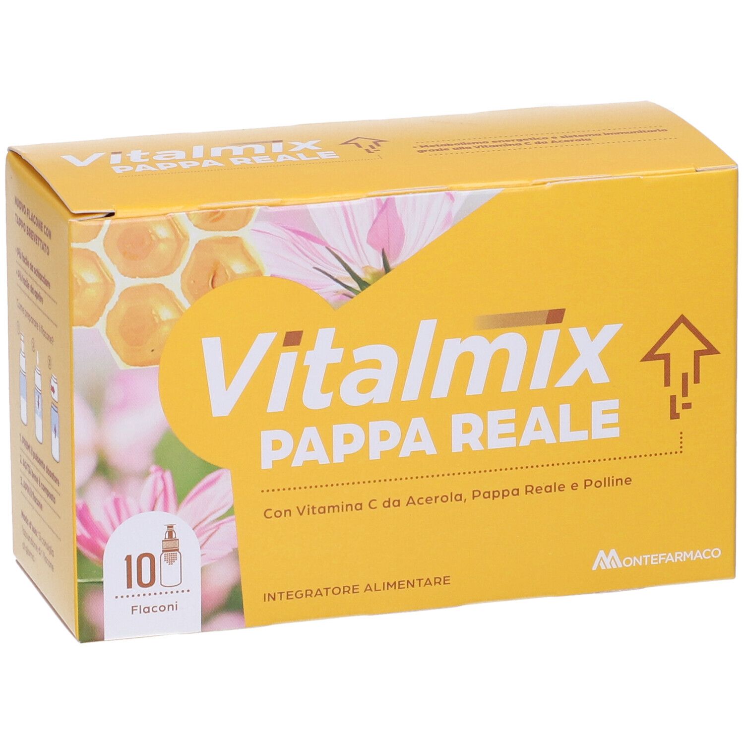 Scatola gialla con logo "Vitalmix Pappa Reale". Scritto: 10 flaconi. Contiene Vitamina C, Acerola, Pappa Reale e Polline.