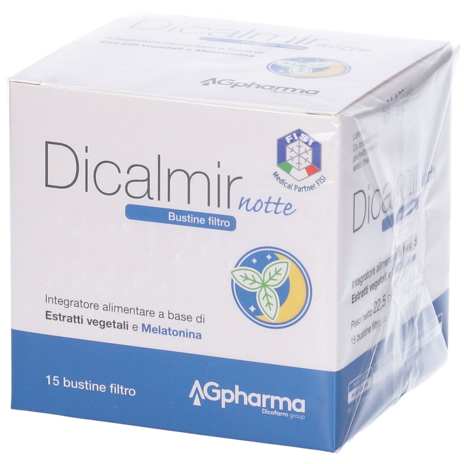 Scatola 'Dicalmir notte'. Confezione bianca e blu. Logo 'AGpharma' e '15 bustine filtro'.