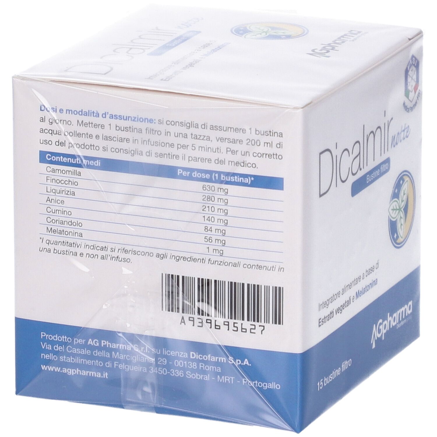 Retro scatola 'Dicalmir notte'. Lista ingredienti e informazioni produttore. Codice a barre.