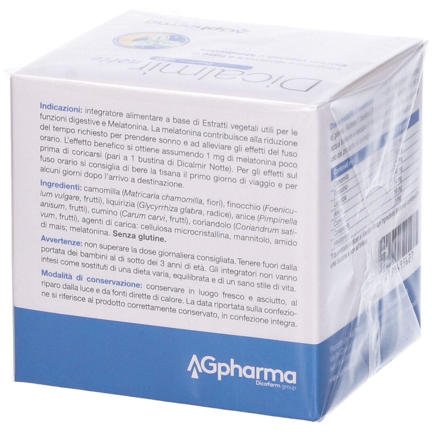 Lato scatola 'Dicalmir notte'. Descrizione prodotto e avvertenze. Logo 'AGpharma'.