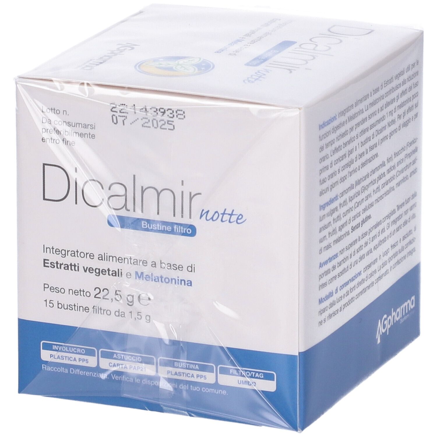 Scatola 'Dicalmir notte' confezionata. Data di scadenza e istruzioni riciclo. Logo 'AGpharma'.