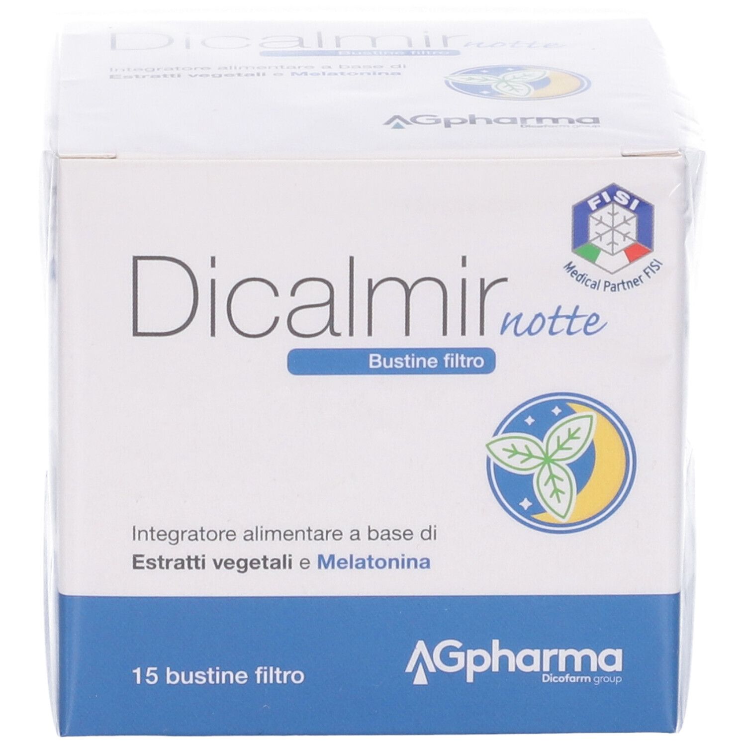 Fronte scatola 'Dicalmir notte'. Confezione blu e bianca. Logo 'AGpharma' e '15 bustine filtro'.