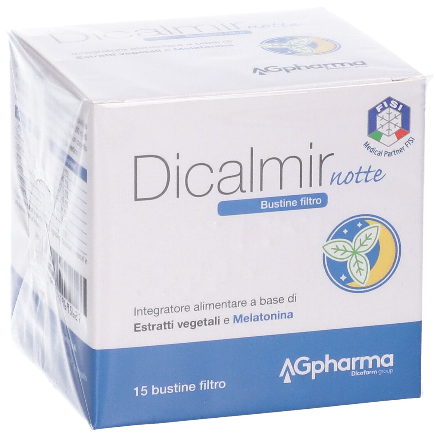 Vista frontale della scatola 'Dicalmir notte'. Confezione blu e bianca. Logo 'AGpharma' e '15 bustine filtro'.