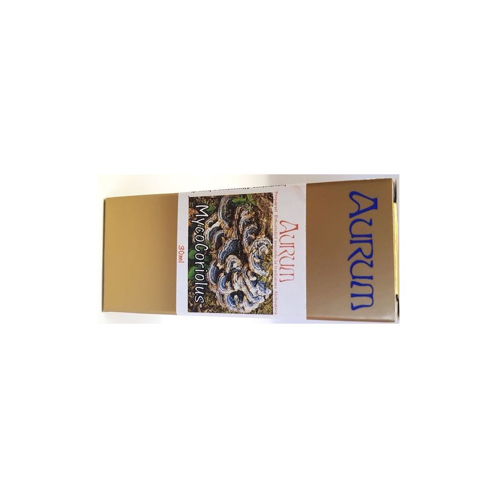Confezione in cartone con etichetta prodotto. Scritta: MycoCoriolus, Aurum. Immagine di funghi. Confezione marrone.