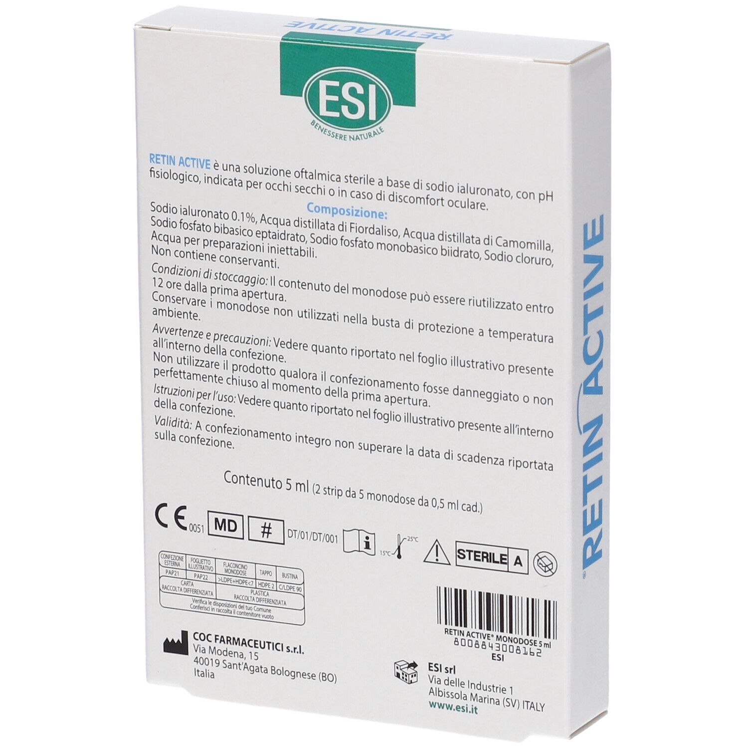Rückseite der Verpackung von Retin Active Augentropfen. Enthält Inhaltsstoffe und Anwendungshinweise. ESI-Marke.