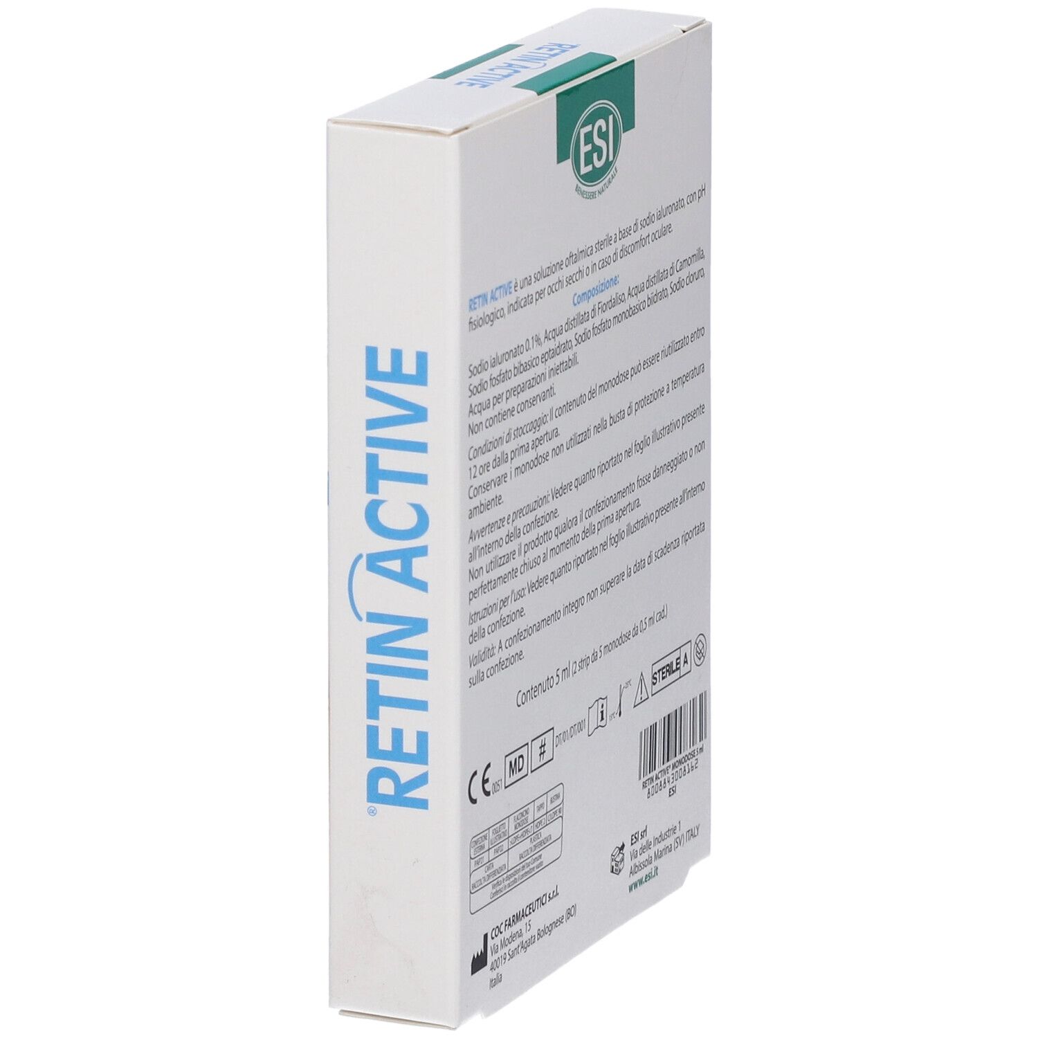 Seitenansicht der Verpackung von Retin Active Augentropfen. ESI-Marke.