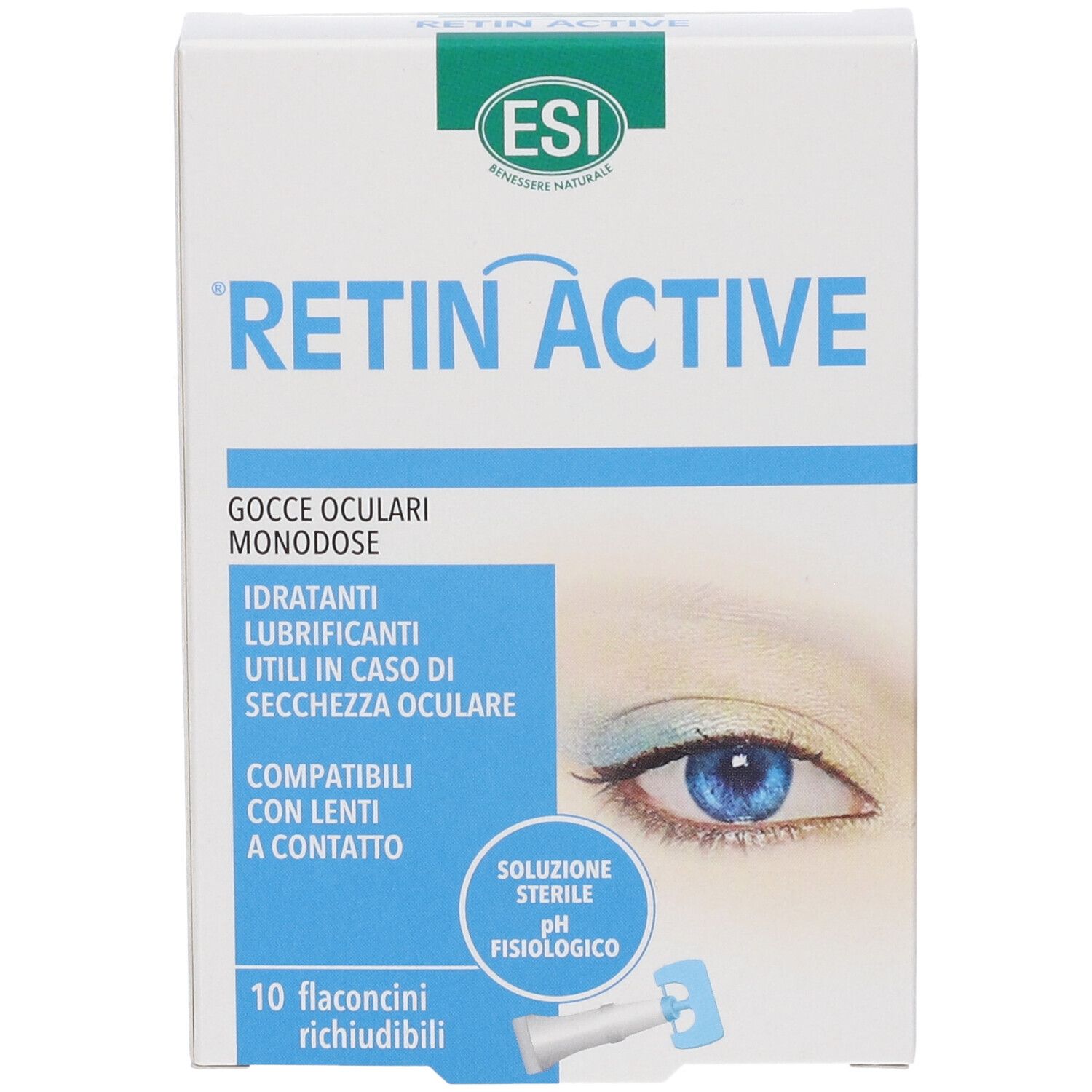 Verpackung von Retin Active Augentropfen, 10 Einzeldosisbehälter. ESI-Marke.
