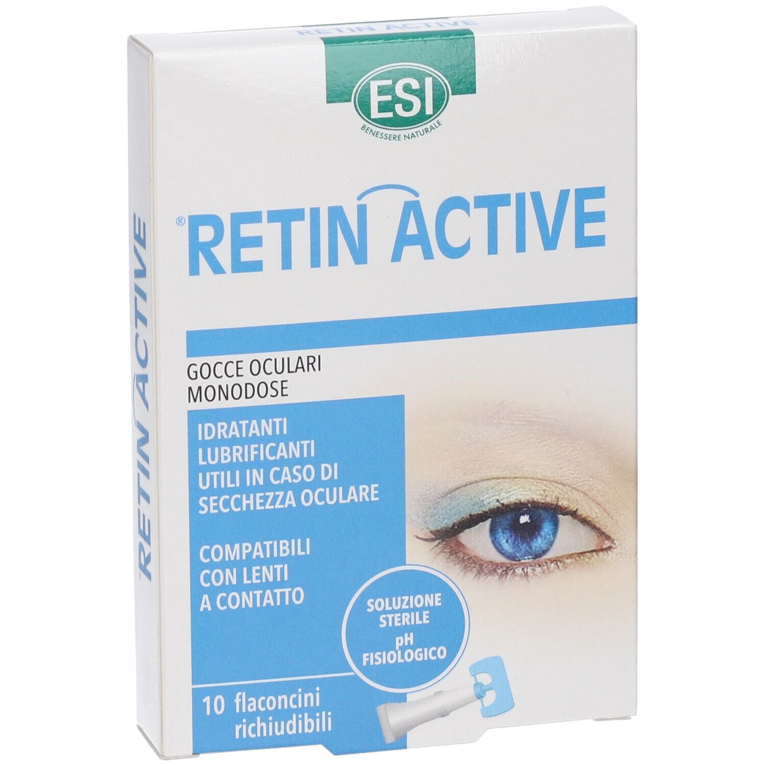 Verpackung von Retin Active Augentropfen, 10 Einzeldosisbehälter. ESI-Marke.