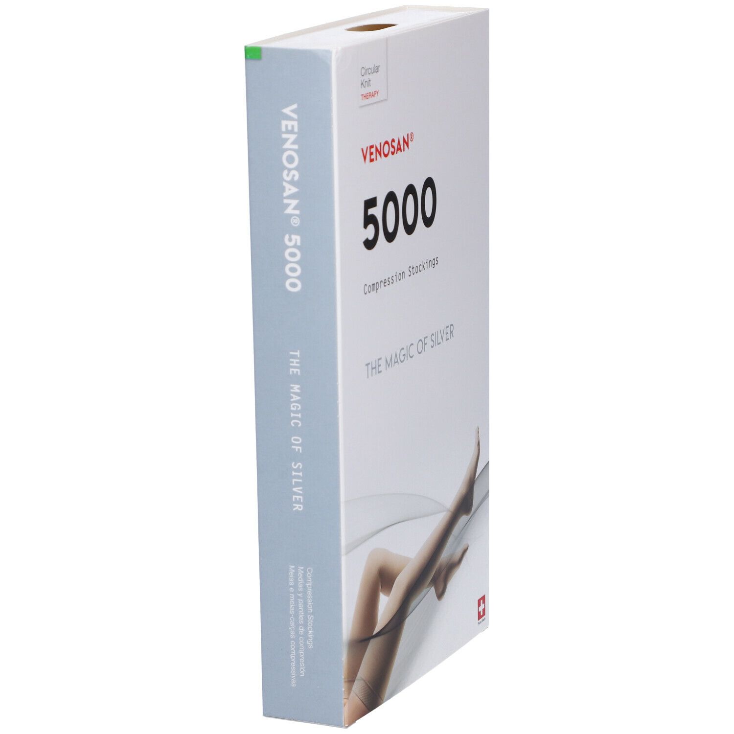 Confezione di calze a compressione Venosan 5000. Scatola bianca con nome, logo e immagine di gambe.