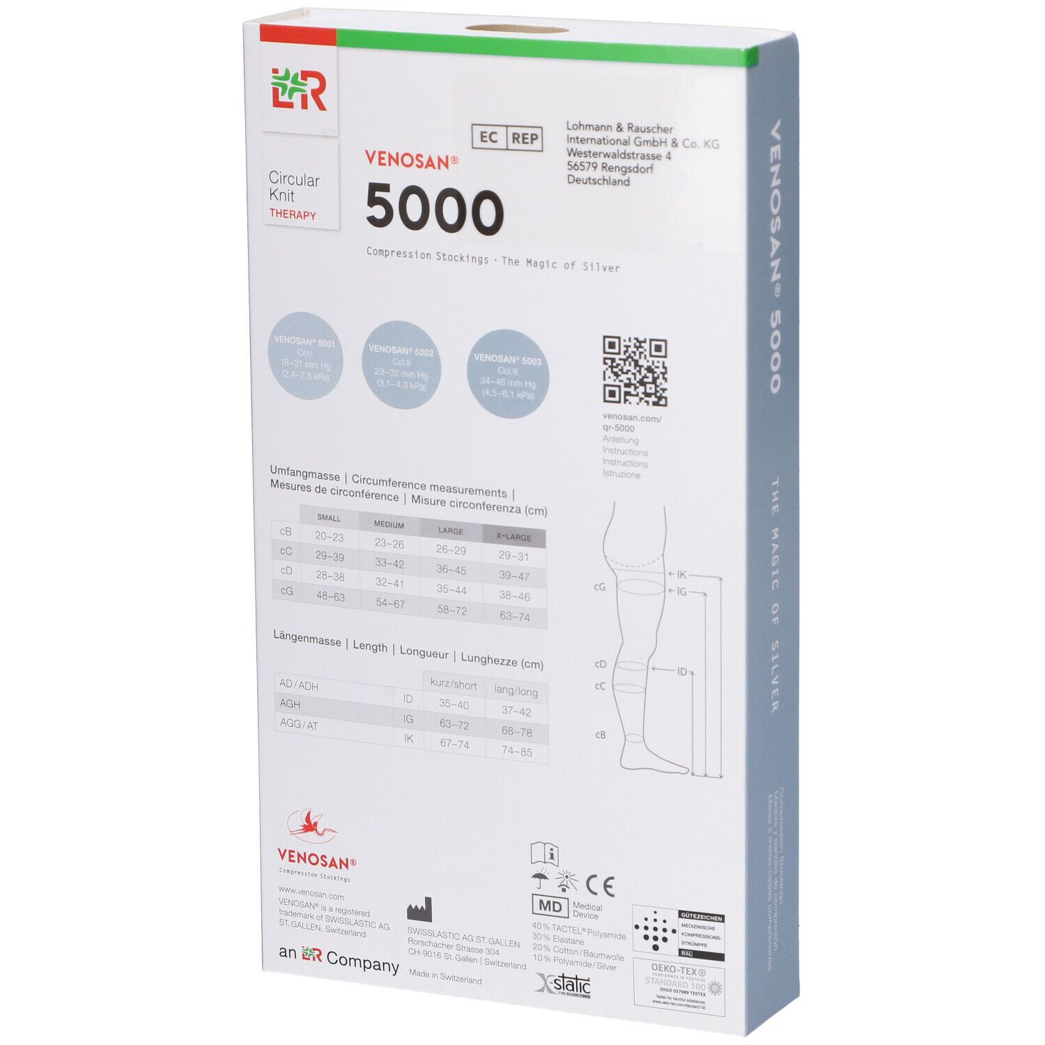 Retro della confezione Venosan 5000. Contiene informazioni sul prodotto, tabella taglie e codice QR.