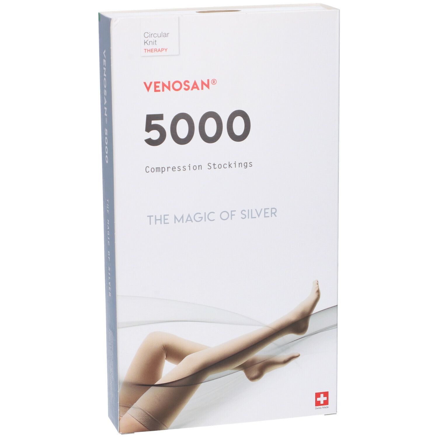 Confezione di calze a compressione Venosan 5000. Scatola bianca con nome del prodotto e immagine di gambe.