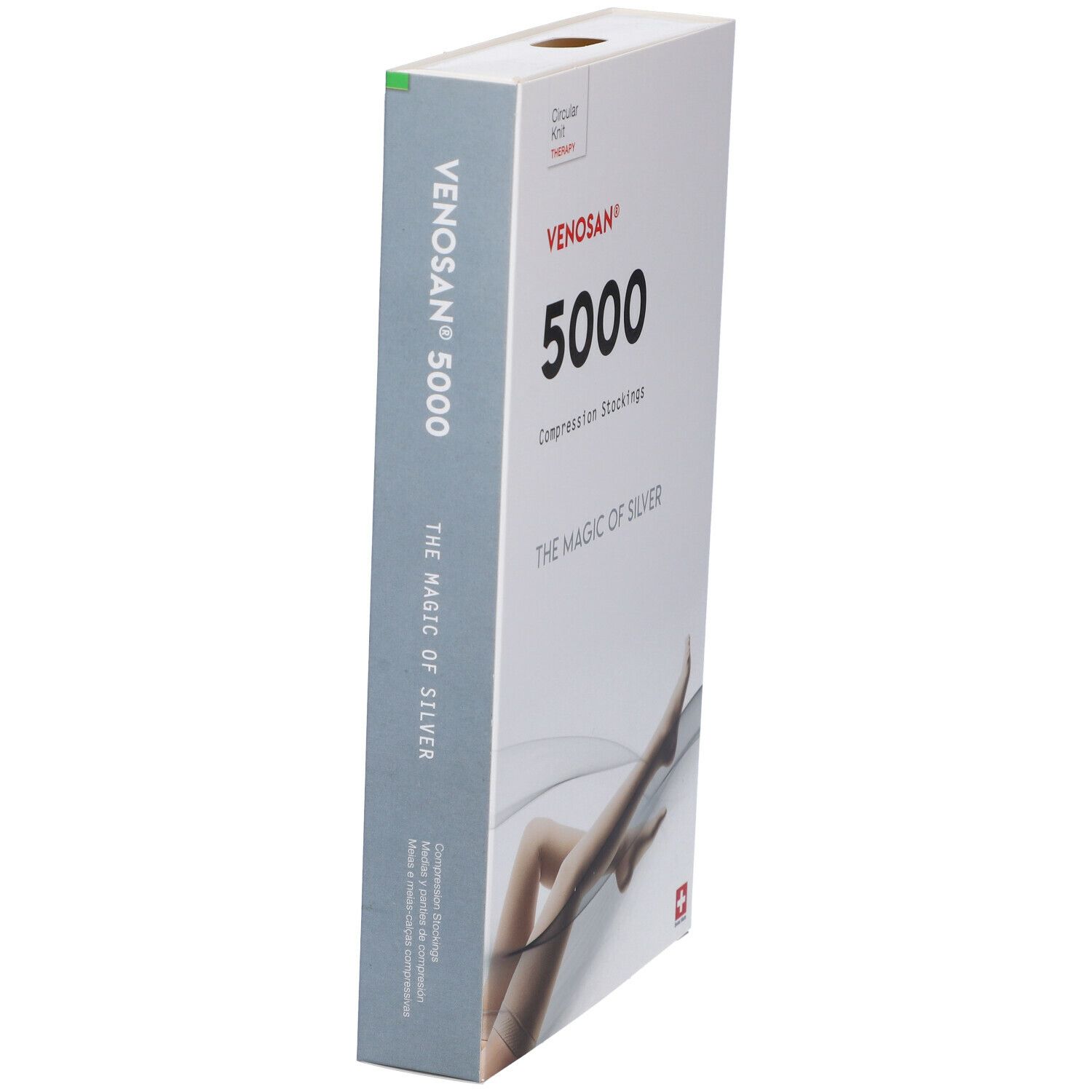 Confezione Venosan 5000 in diagonale. Scritte: Venosan 5000, Compression Stockings, The Magic of Silver. Croce svizzera. Segno verde.