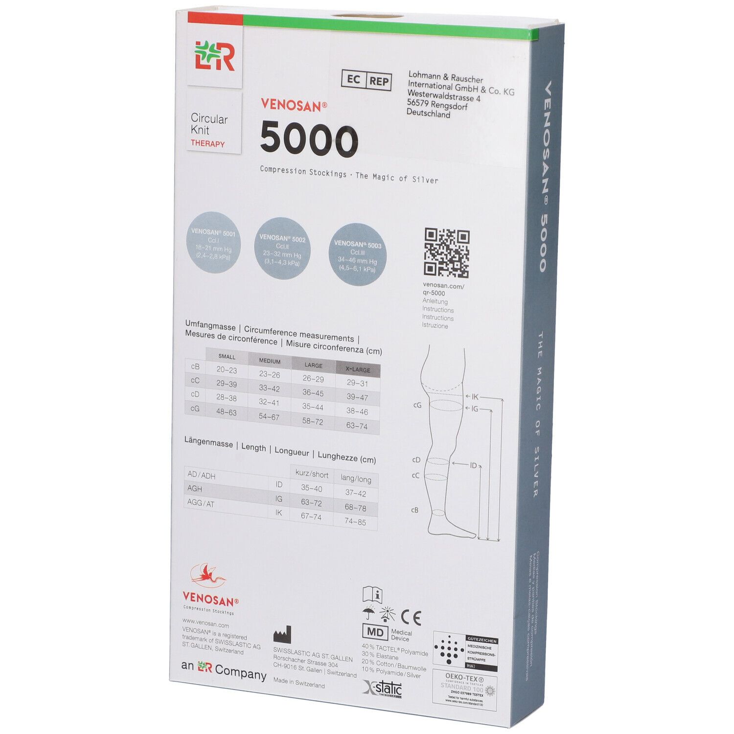 Retro della confezione Venosan 5000. Scritte: Venosan 5000, informazioni taglie, codice QR, informazioni produttore, croce svizzera, marchio CE.