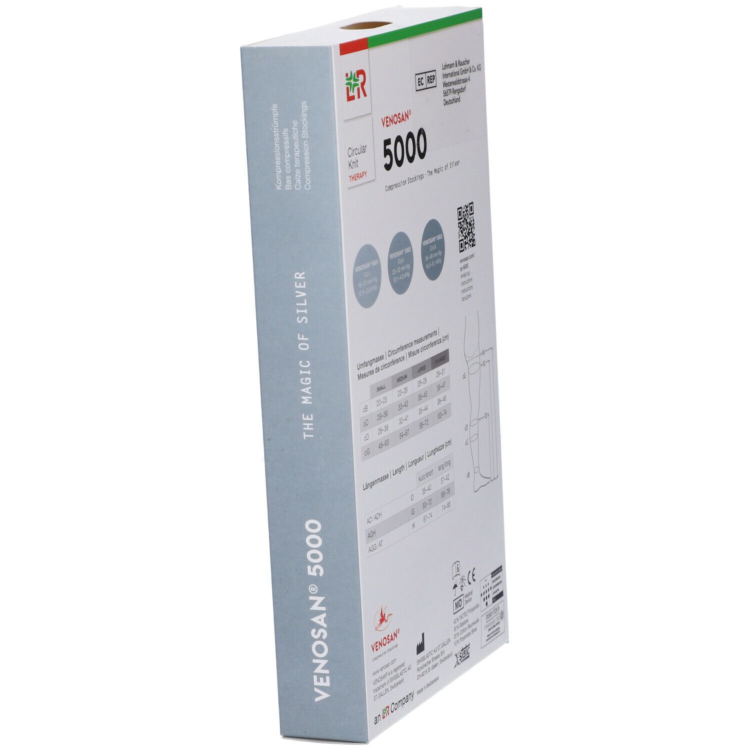 Confezione Venosan 5000 in diagonale. Scritte: Venosan 5000, informazioni taglie, codice QR, informazioni produttore, croce svizzera, marchio CE.