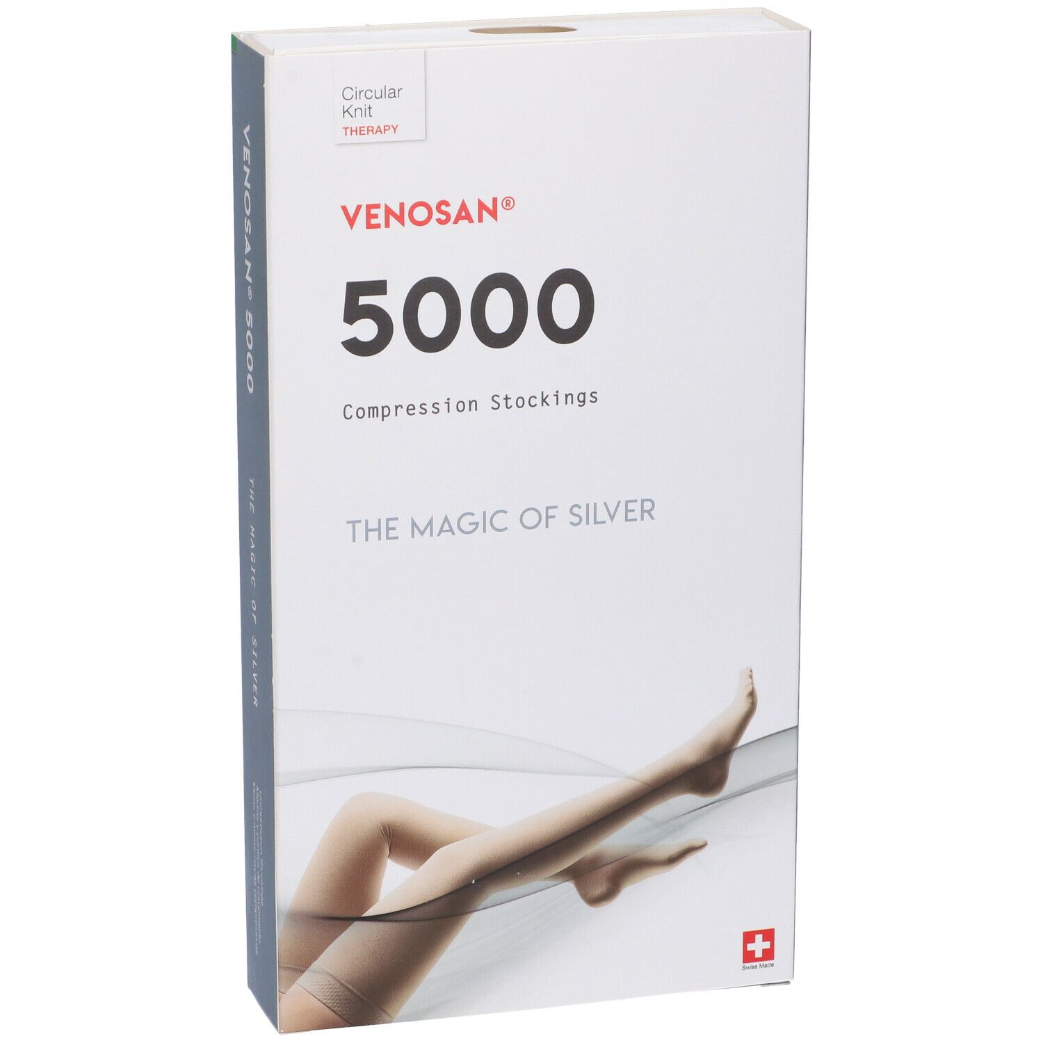 Confezione Venosan 5000 in diagonale. Scritte: Venosan 5000, Compression Stockings, The Magic of Silver. Croce svizzera. Immagine di gambe.