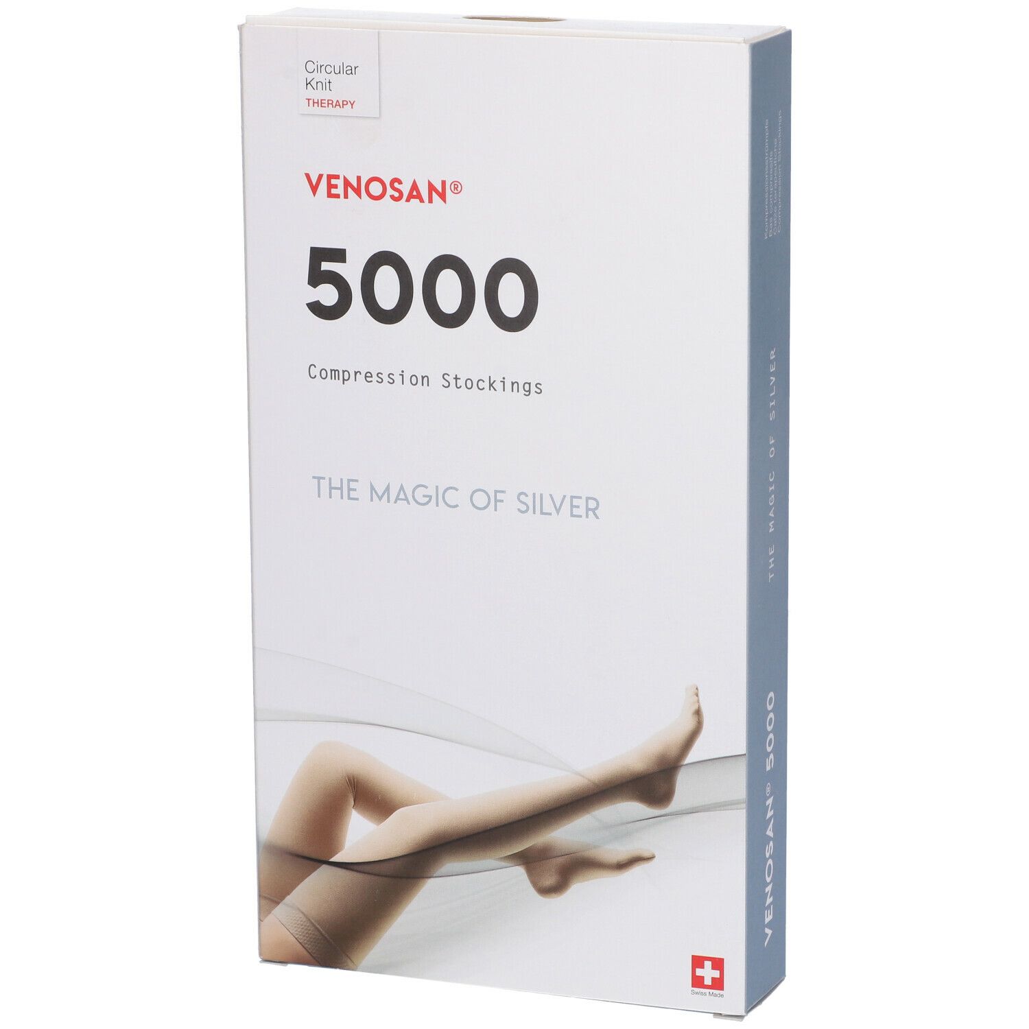 Confezione di calze compressive. Scritta: Venosan 5000, The Magic of Silver. Immagine di gambe.