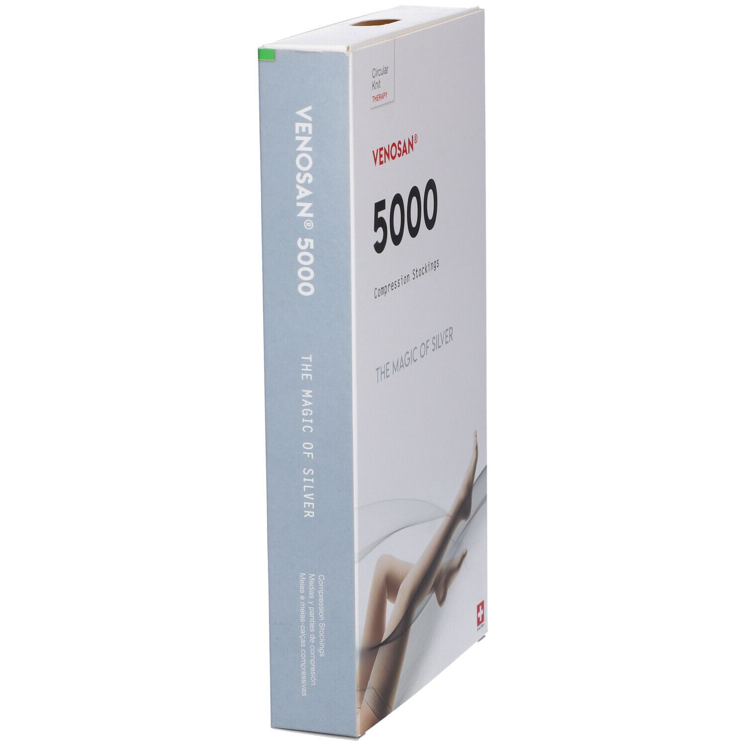 Confezione di calze compressive. Scritta: Venosan 5000, The Magic of Silver. Vista laterale.