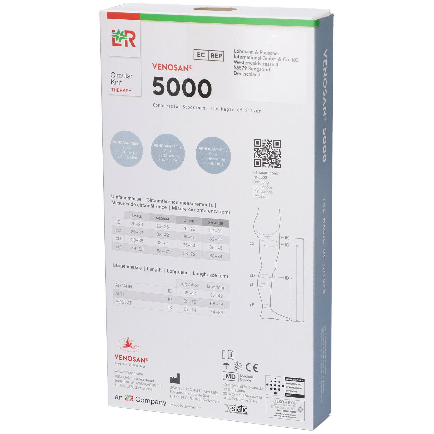 Retro della confezione di calze compressive. Tabelle delle misure e codice QR.